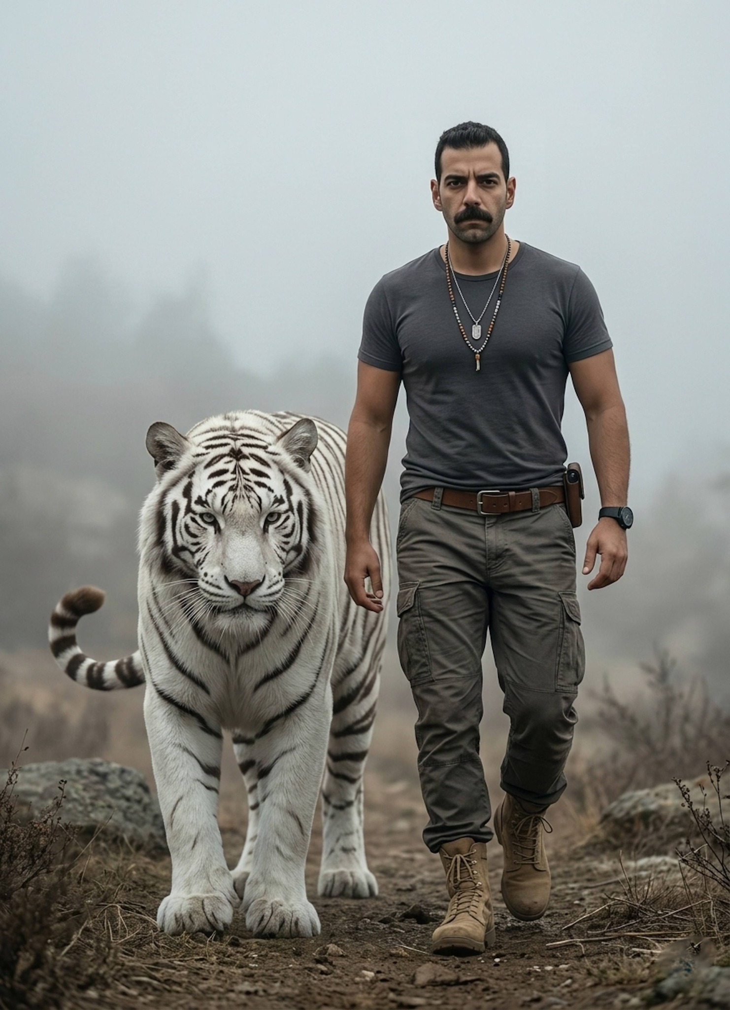 Person walking alongside a white tiger in a desolate foggy landscape wearing combat boots and cargo pants