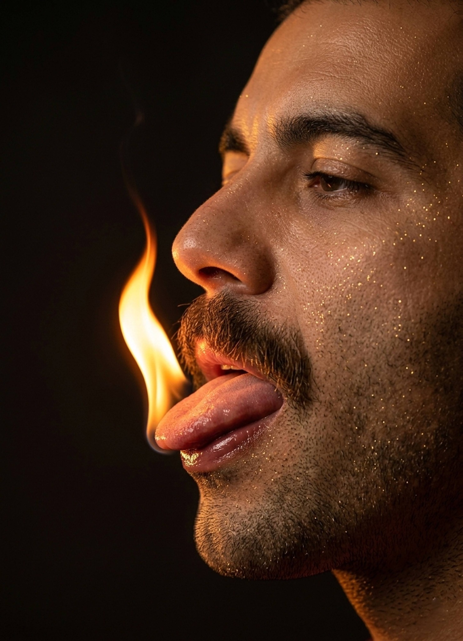 Side profile of person with golden glitter and a flame igniting on their tongue in a dark studio