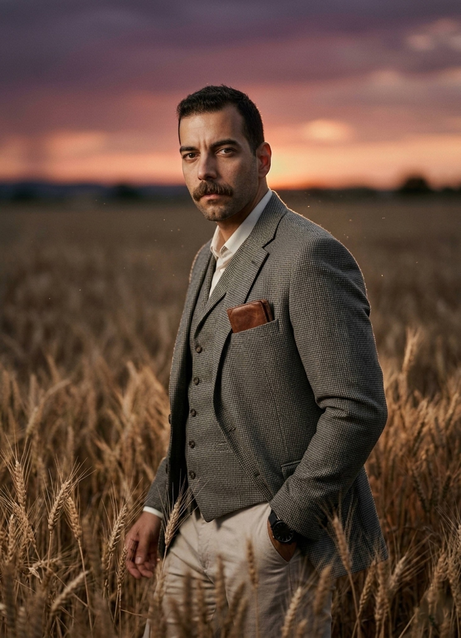 Mysterious figure in tweed suit walking through tall wheat field at dusk under a purple-orange sky