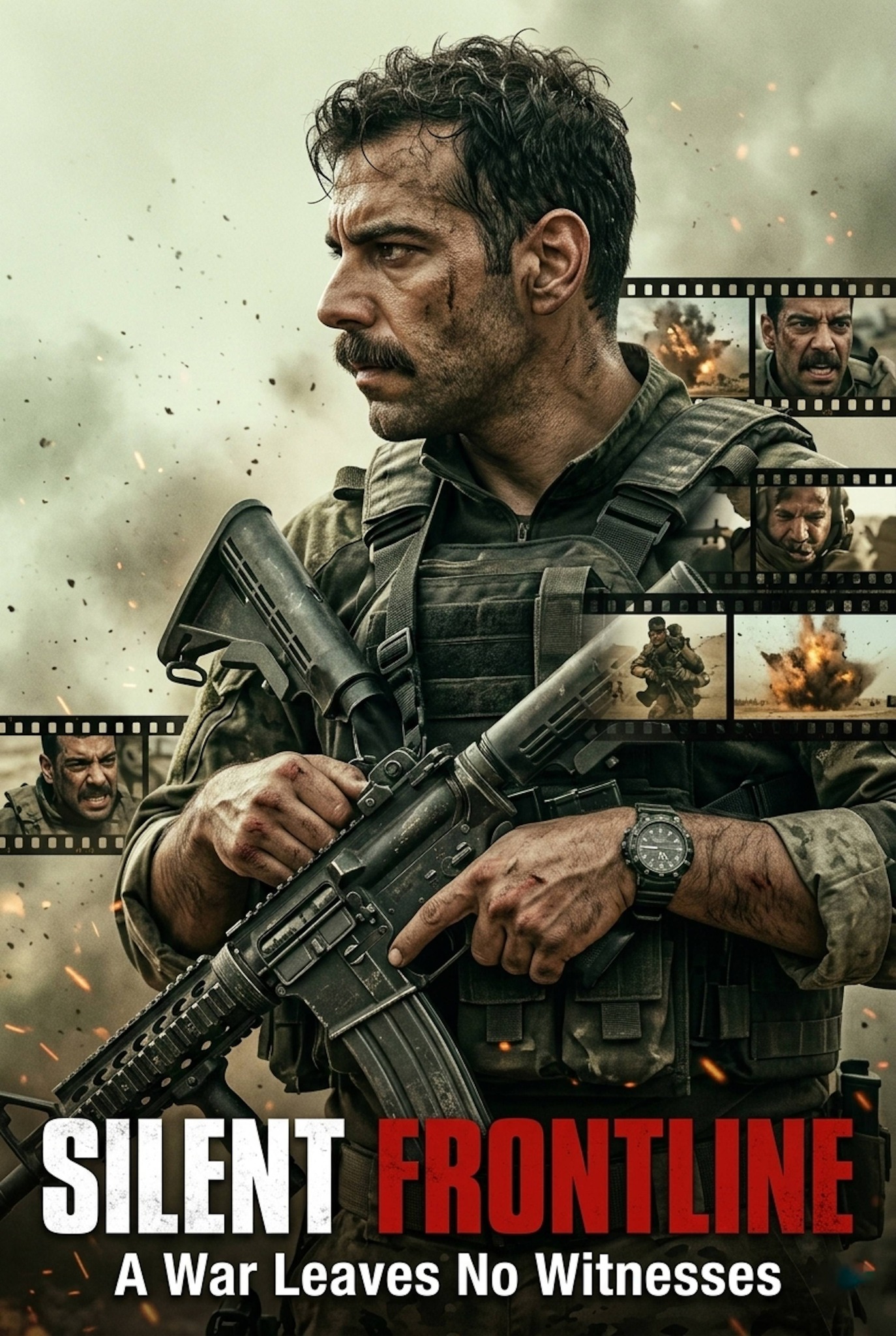 Rugged person in tactical gear in a three-quarter profile against a dusty battlefield backdrop