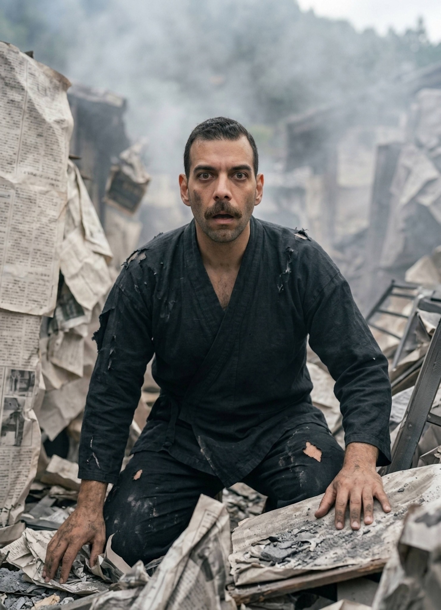 Person with torn clothes waking up in shock amid collapsed buildings and thick gray ash