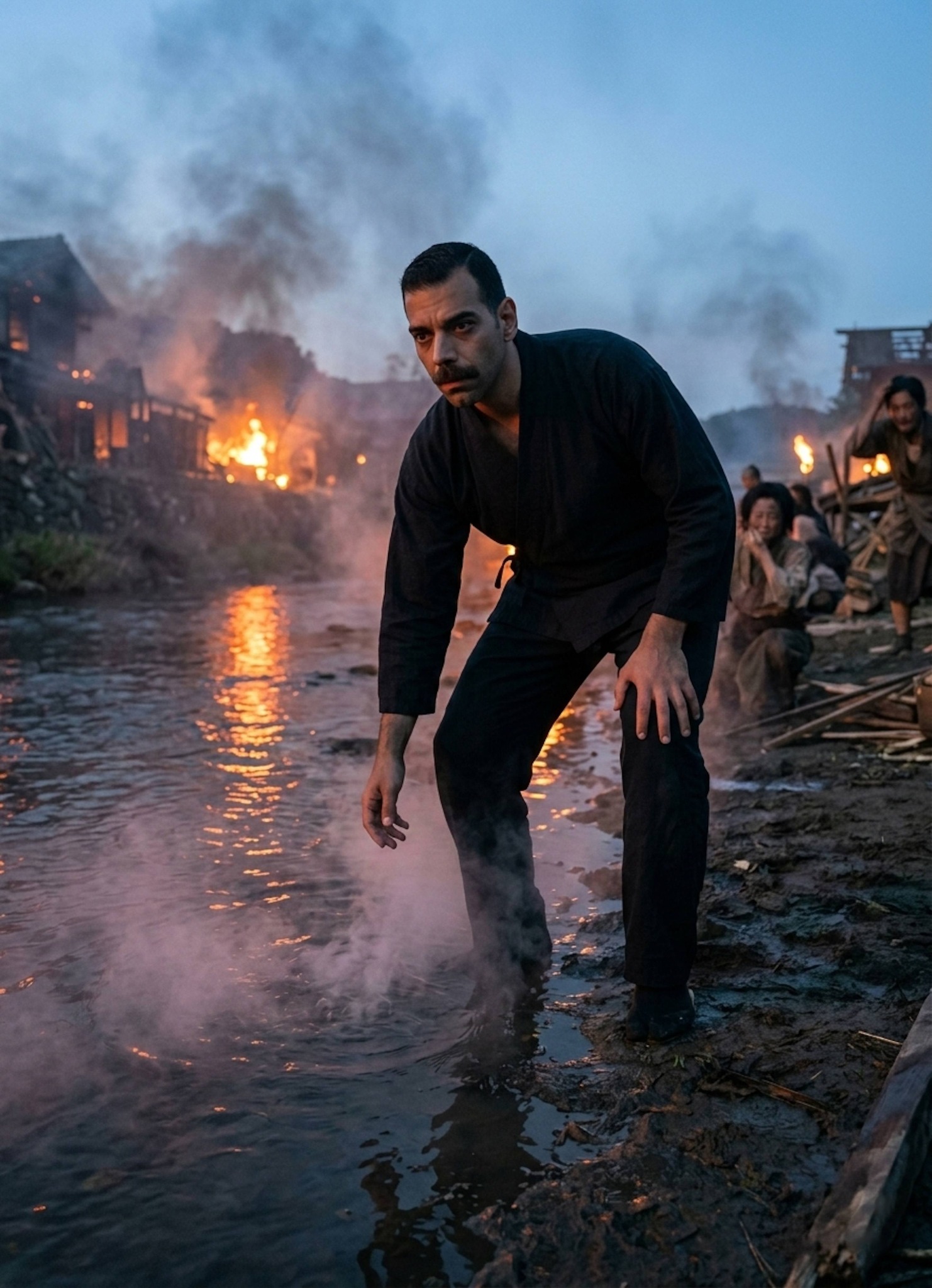 Person reaching toward a dark smoke-filled river reflecting fire with an expression of pain