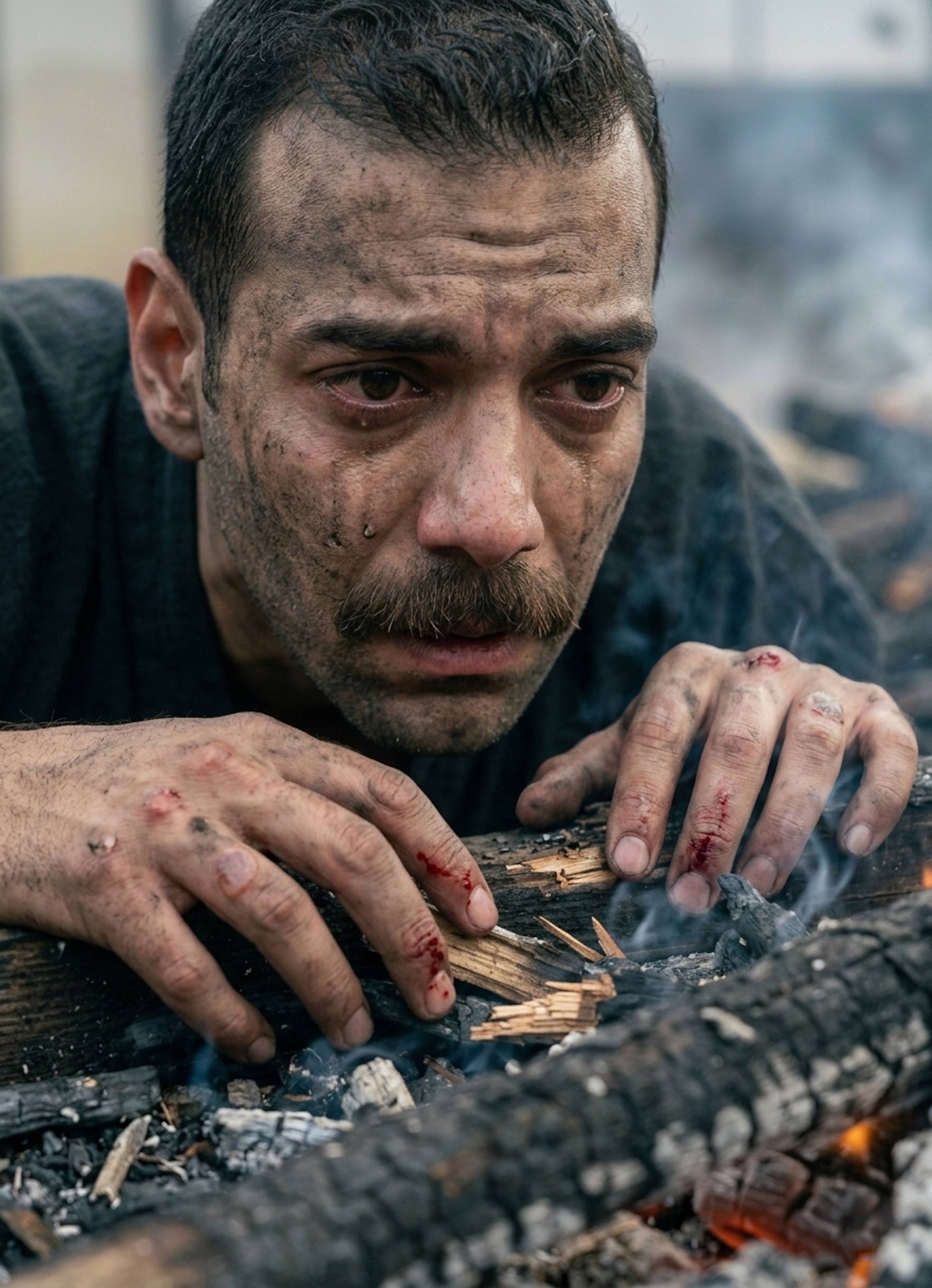 Close-up of person with ash-smeared face and bleeding hands digging through smoldering ruins
