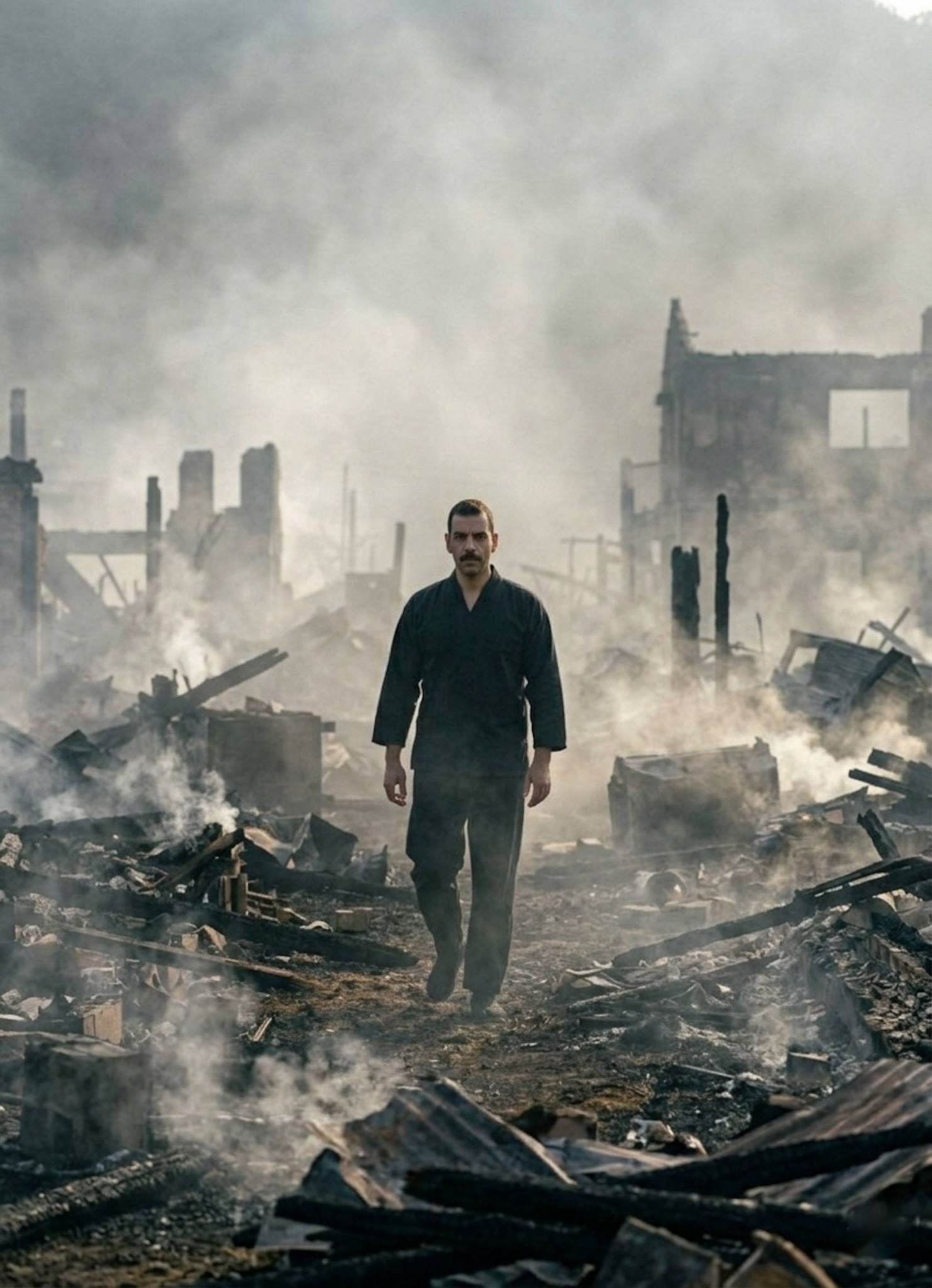 Solitary person walking through a vast smoking debris wasteland with muted atmospheric tones