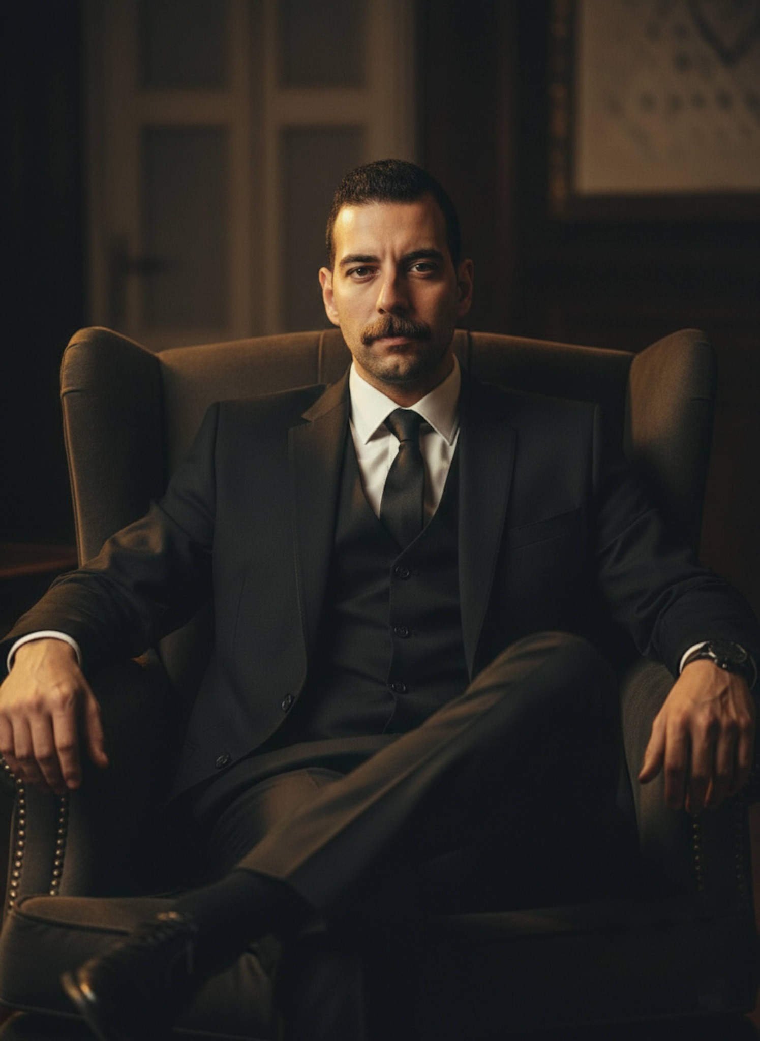 Person seated in a dark armchair with dramatic mafia-style lighting and commanding presence