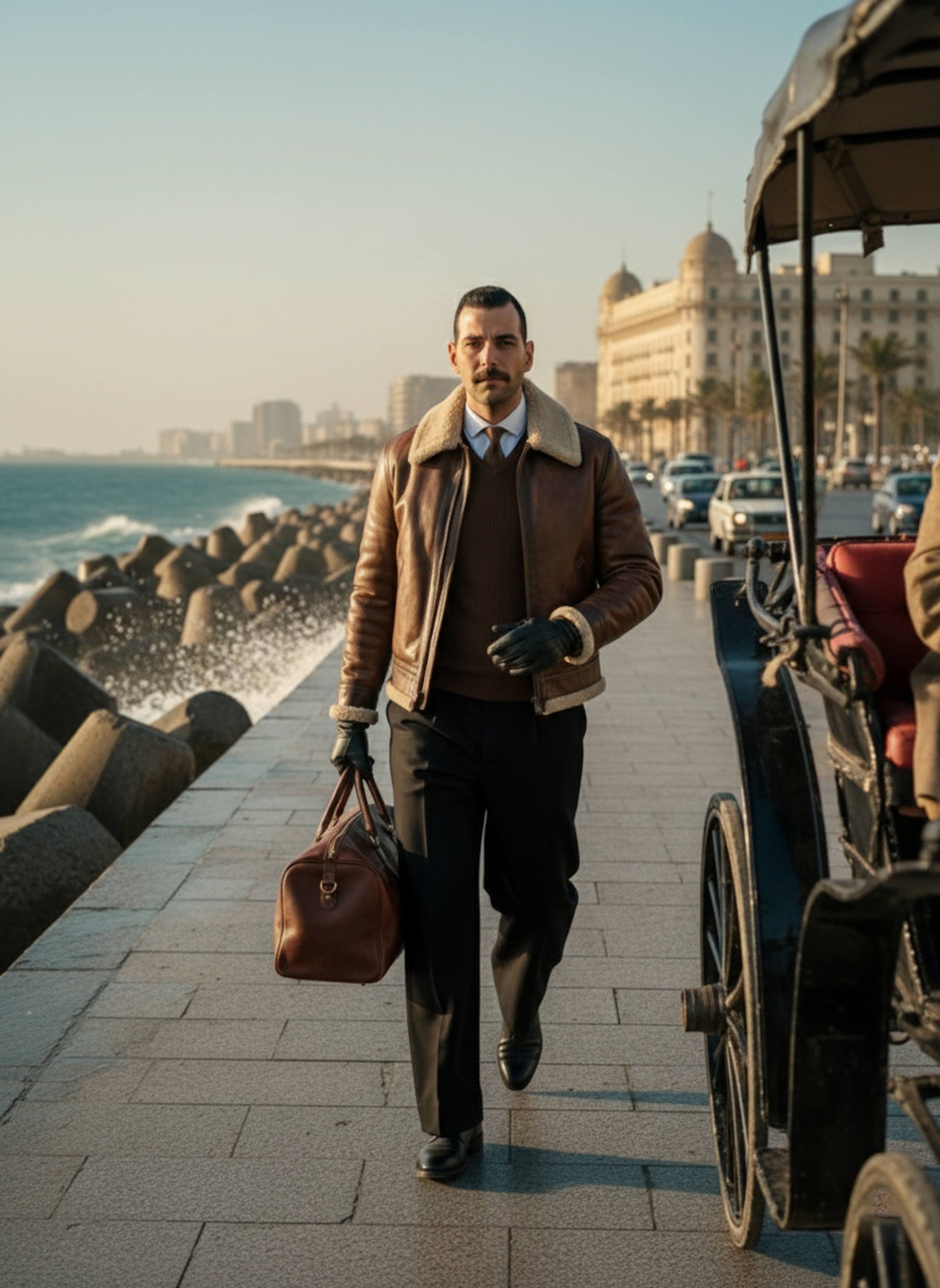 Person walking dynamically along the Corniche with the Mediterranean sea and a horse carriage in the background