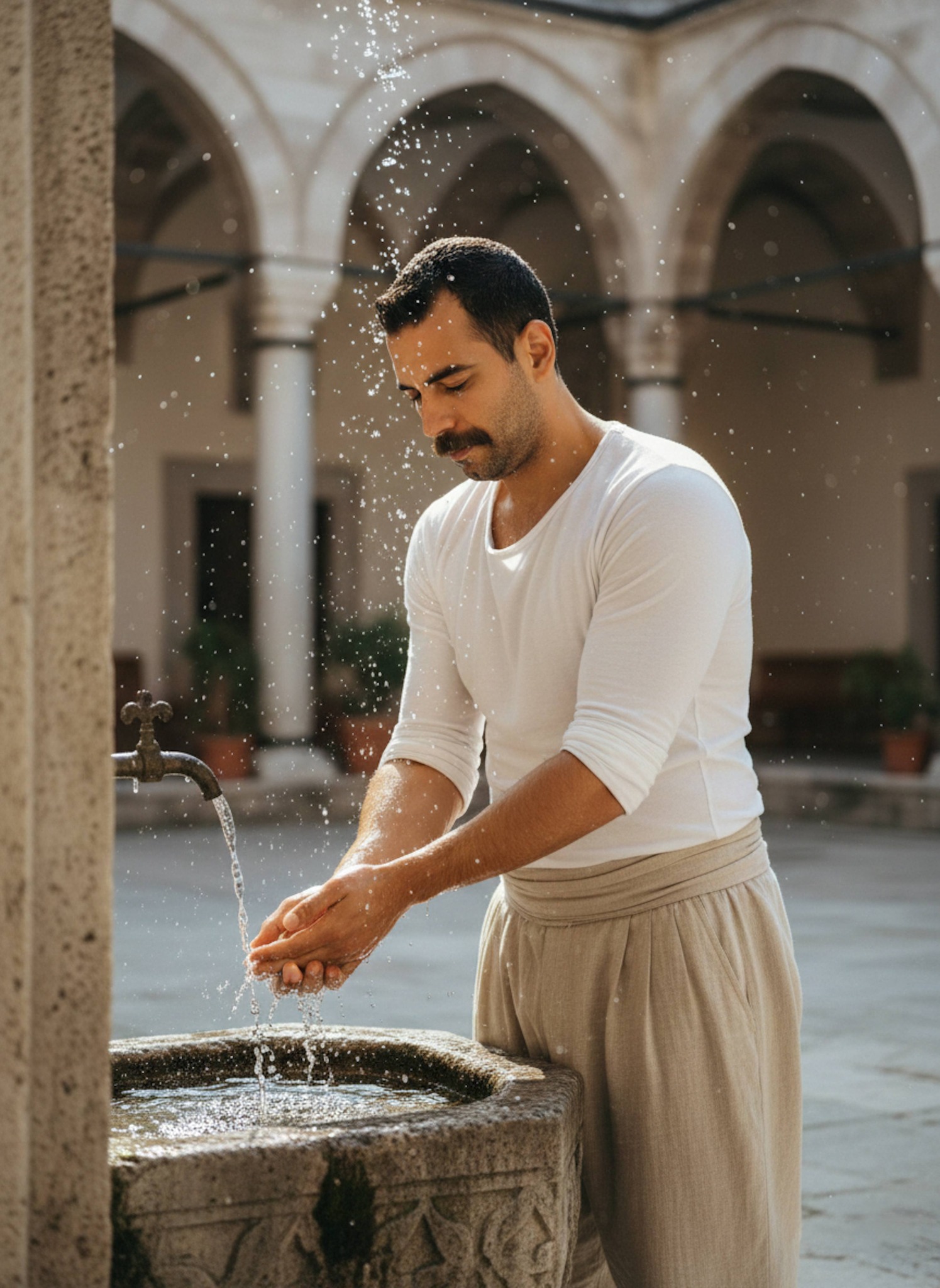 Person washing arms at a traditional stone basin in an old mosque courtyard with frozen water droplets