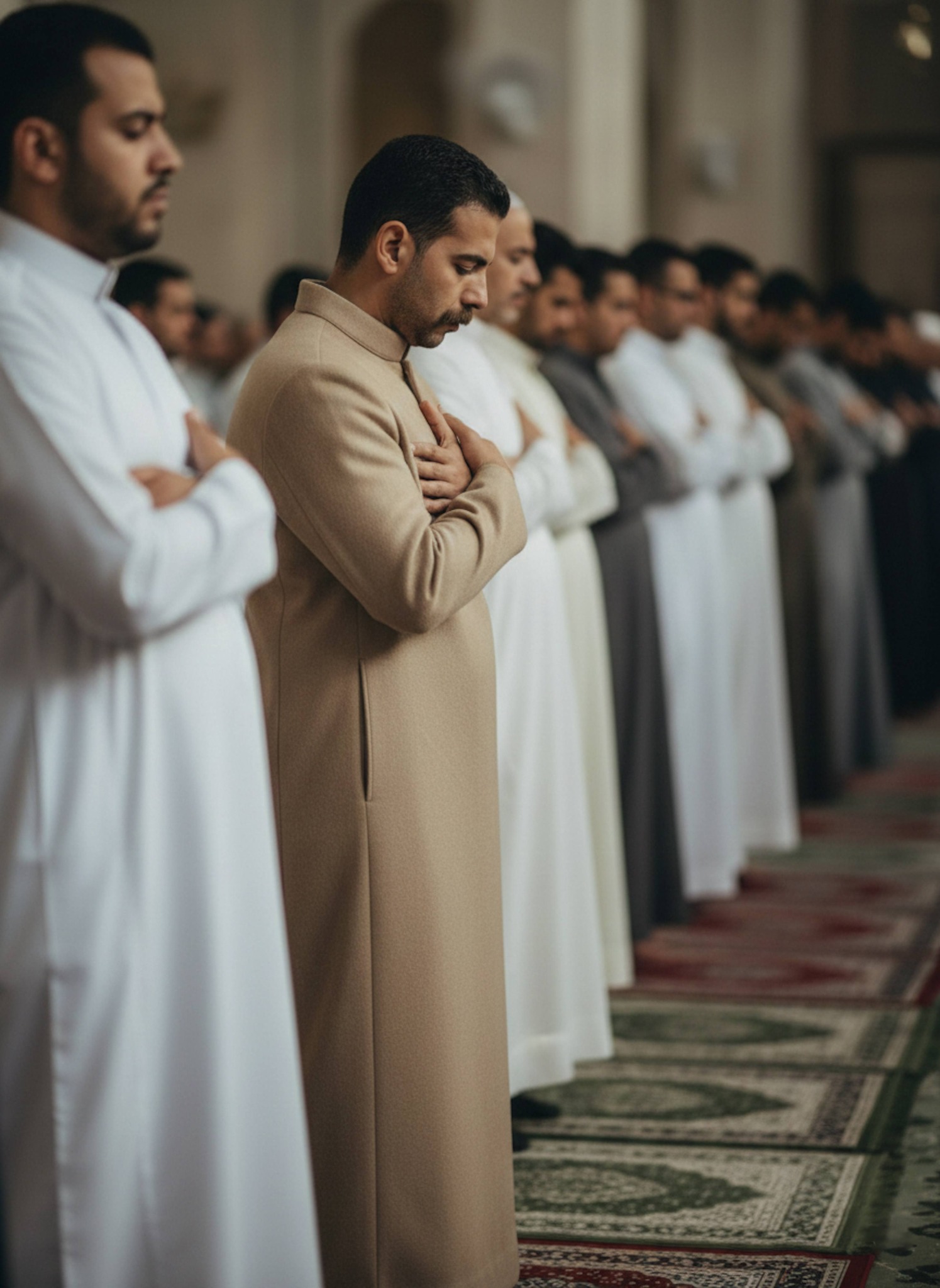 Person in beige galabeya standing in a mosque prayer row during Taraweeh with downcast eyes
