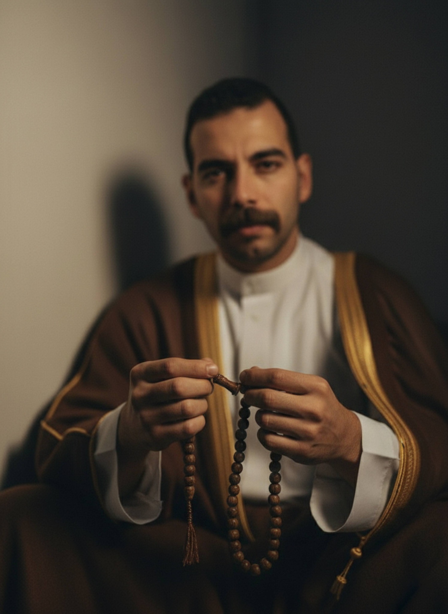 Hands holding misbaha prayer beads in a dark mosque corner with person in brown bisht visible behind
