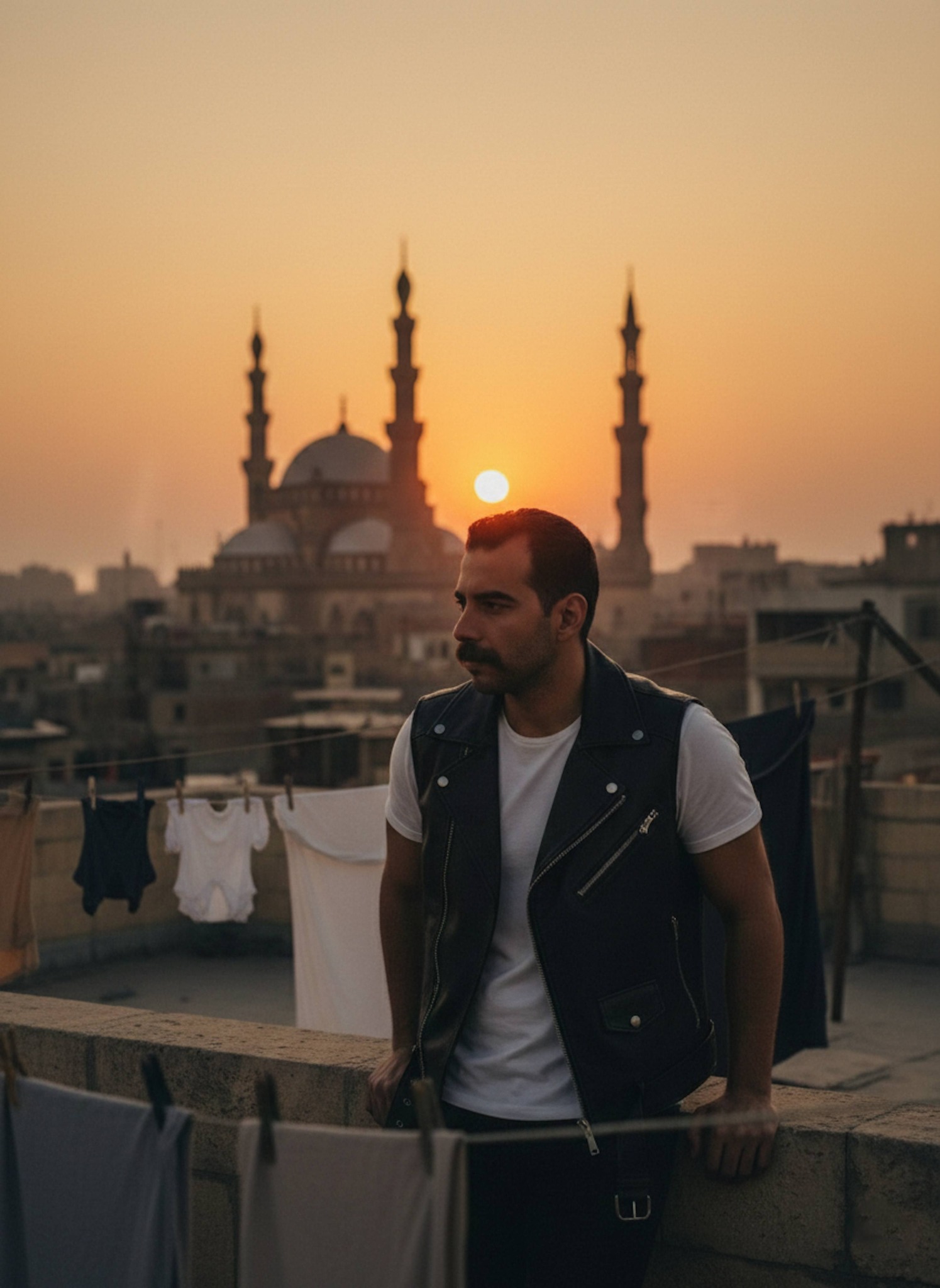 Person in leather vest on an Alexandria rooftop overlooking mosque minarets at golden sunset