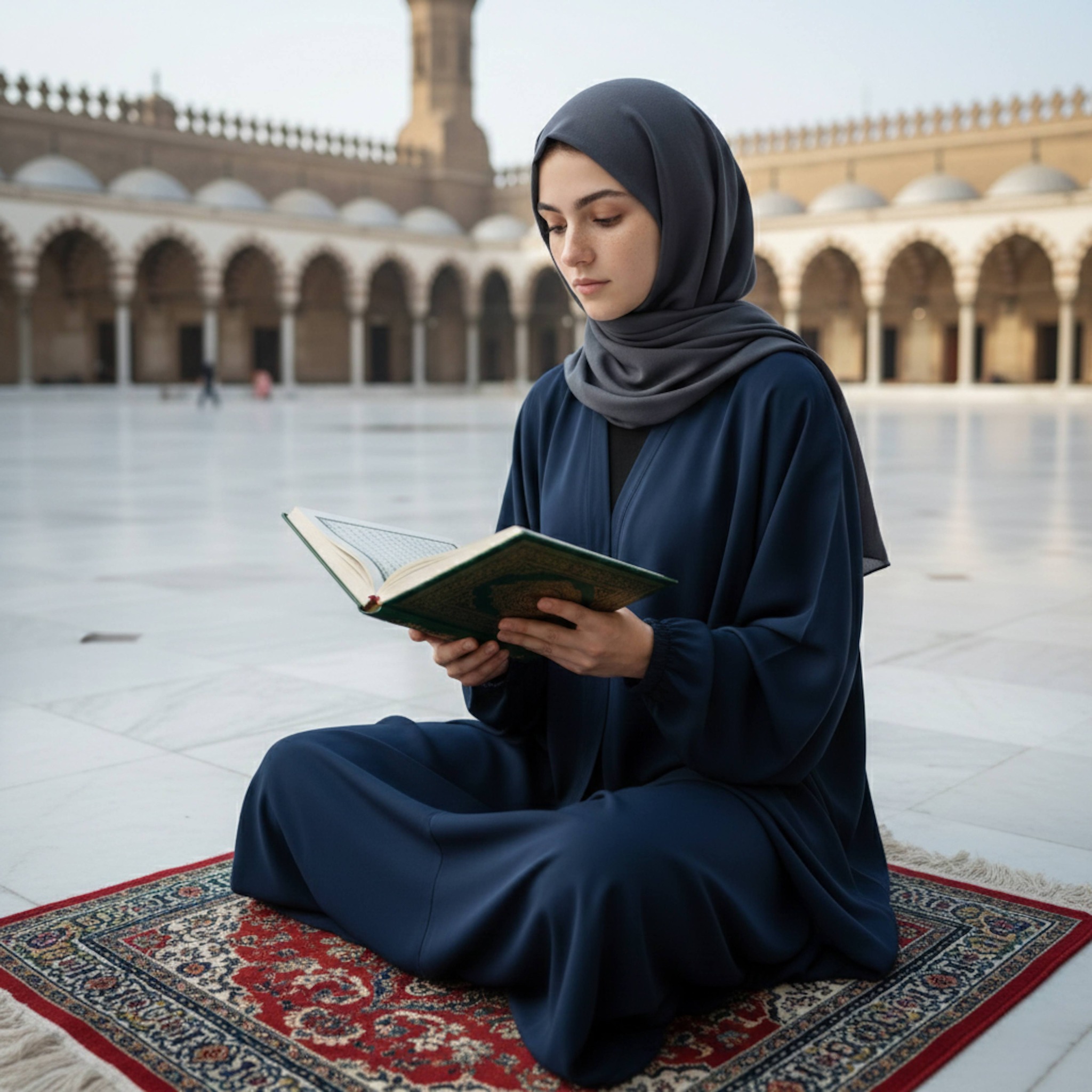 Person reading Quran in Al-Azhar Mosque white marble courtyard viewed from high angle