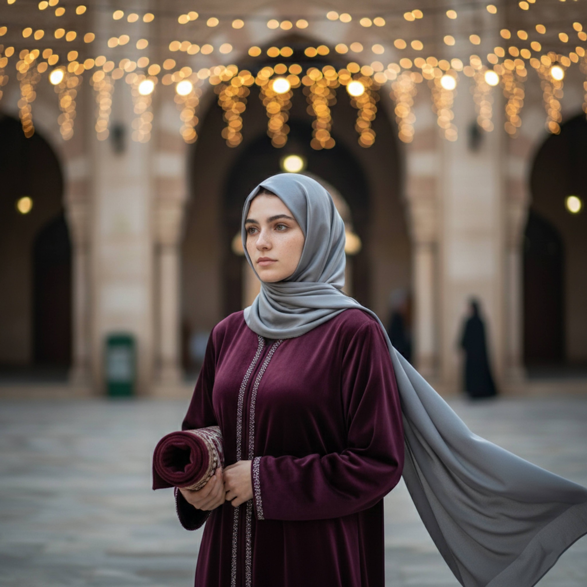 Person in prayer attire in a festive-lit Heliopolis mosque courtyard at night during Ramadan