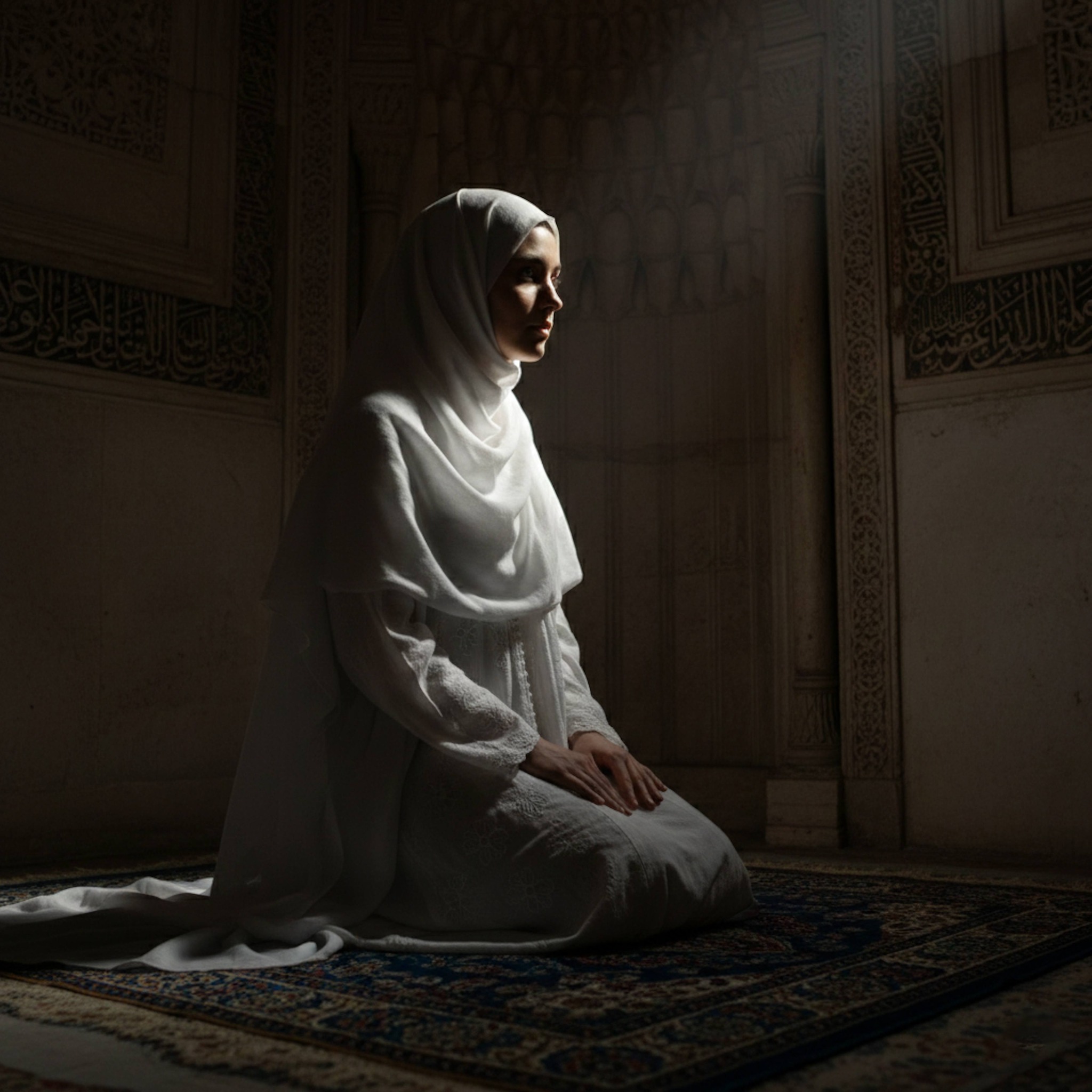 Silhouette of person in sujud inside Sultan Hassan Mosque with intricate stonework and Mihrab view