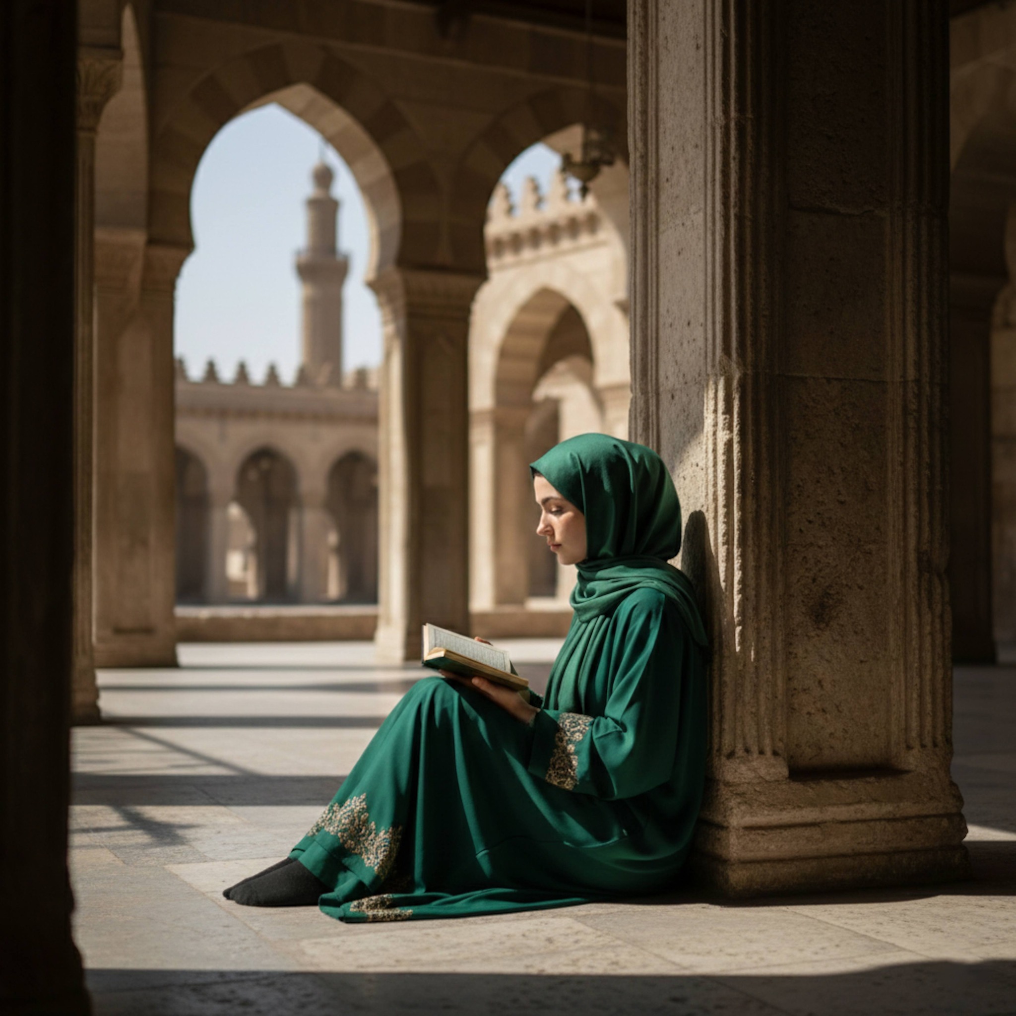 Person sitting in contemplation in a secluded Ibn Tulun Mosque corner framed by a pointed archway