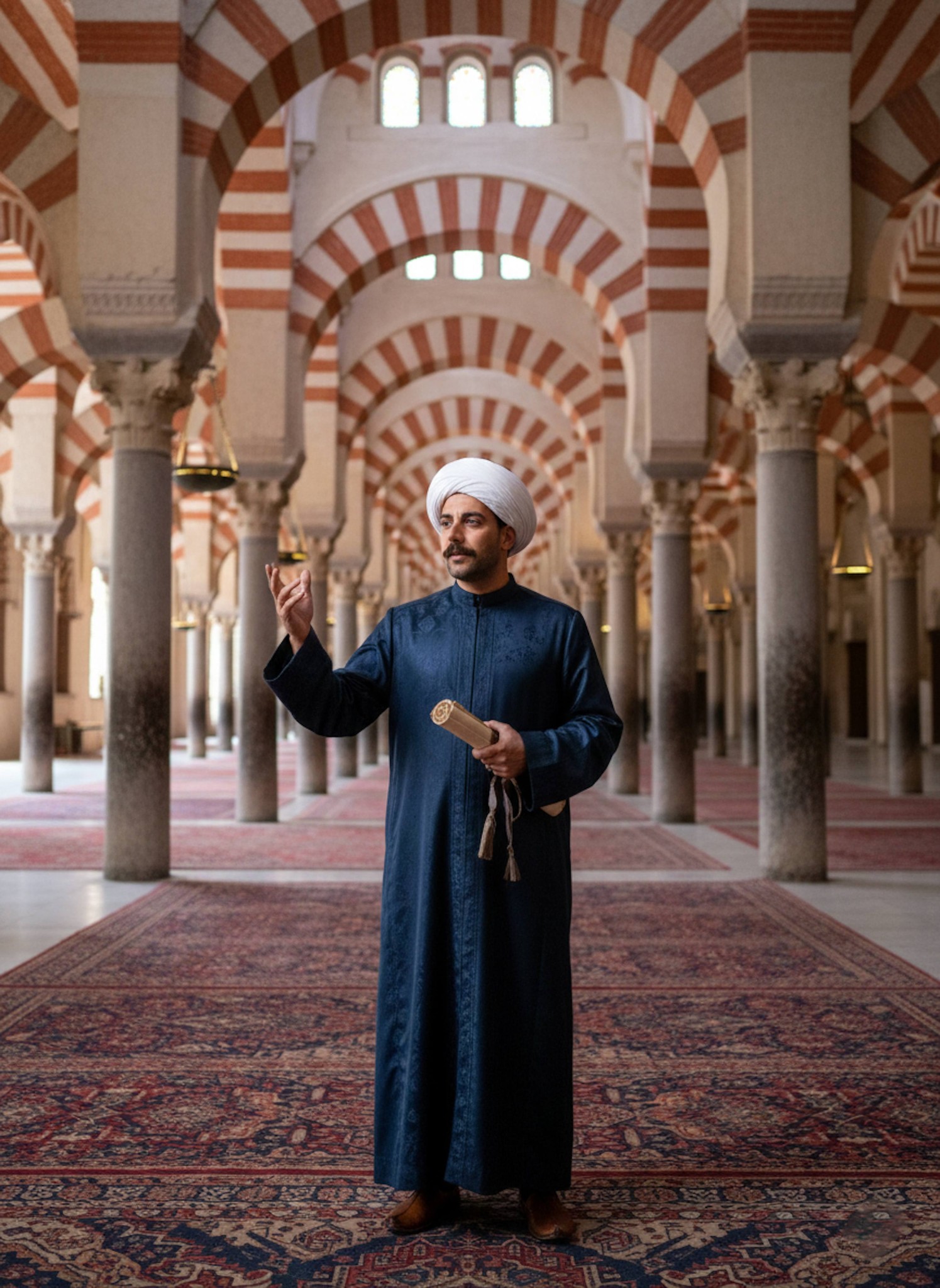 Scholar debating between red-and-white striped arches in the Great Mosque of Cordoba