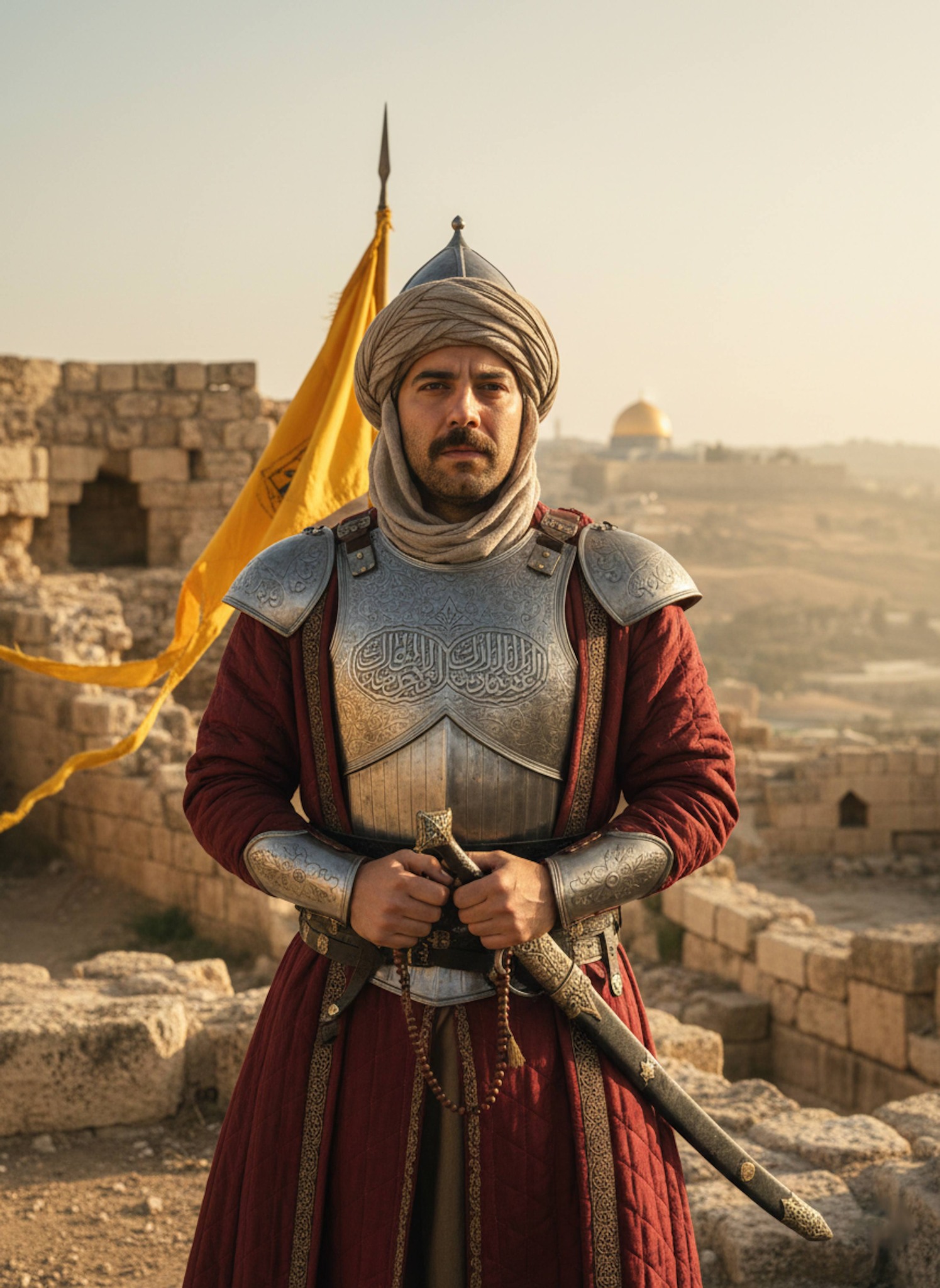 Saladin figure in armor standing in a stone fortress ruins overlooking the Judean hills