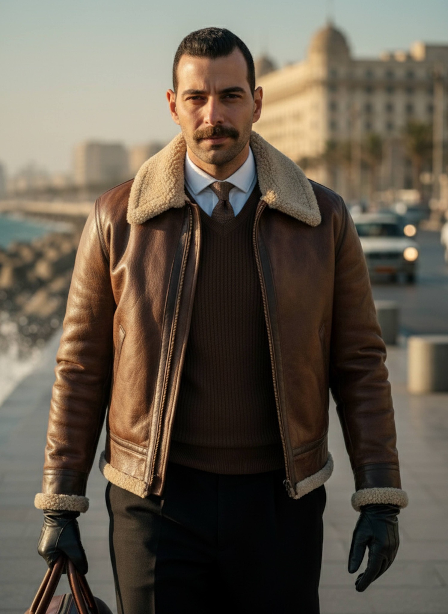 Person in a leather jacket looking directly at the camera in a confident close-up on the Corniche with Mediterranean sea behind