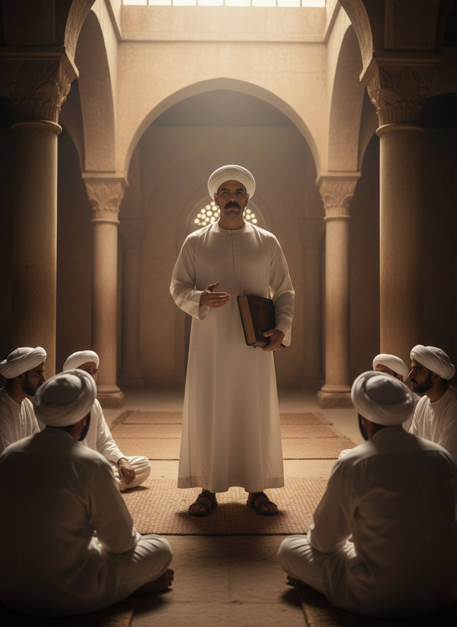 Islamic scholar teaching students in the Prophet's Mosque in Medina in an 8th-century setting