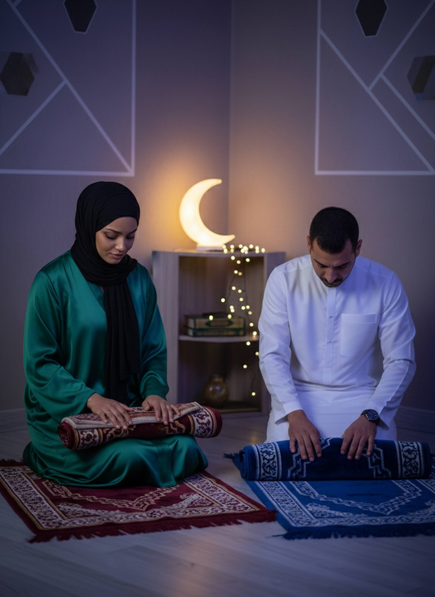 Couple folding prayer mats in a prayer corner lit by a moon-shaped lamp after Taraweeh prayers