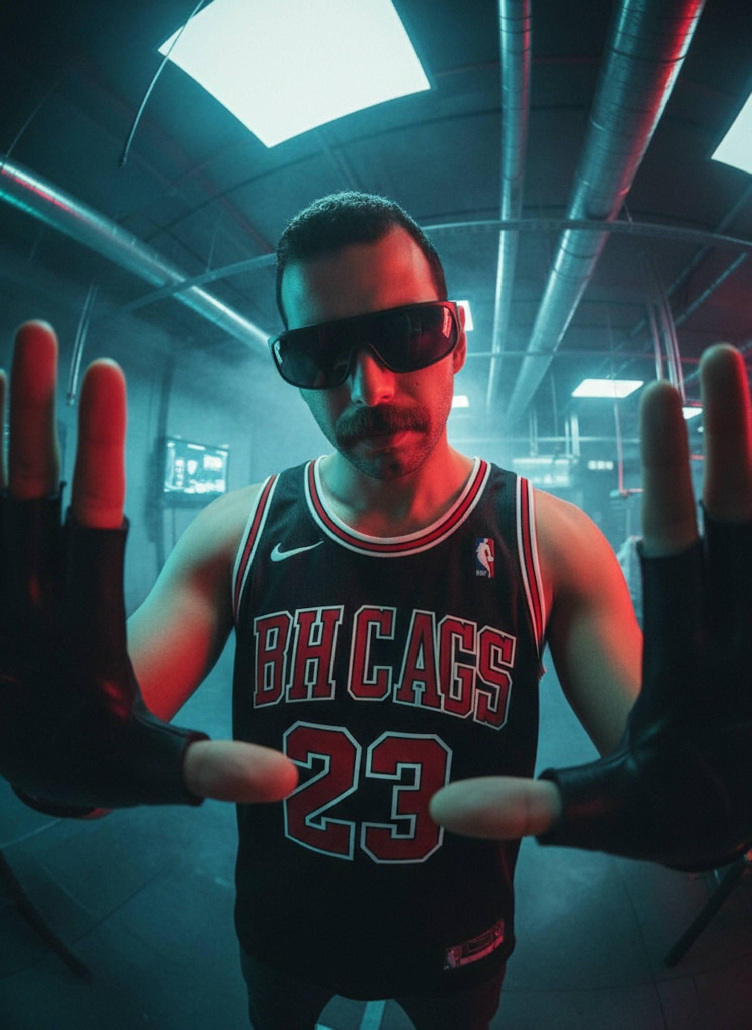 Person in a dramatic low-angle cyberpunk neon portrait with fisheye distortion and futuristic lighting