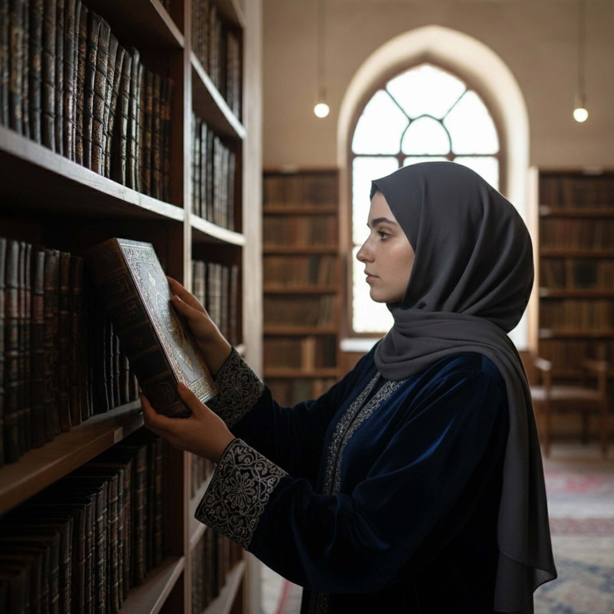Hijabi woman pulling a volume from a tall bookshelf in the historic Mosque of Amr ibn al-As library