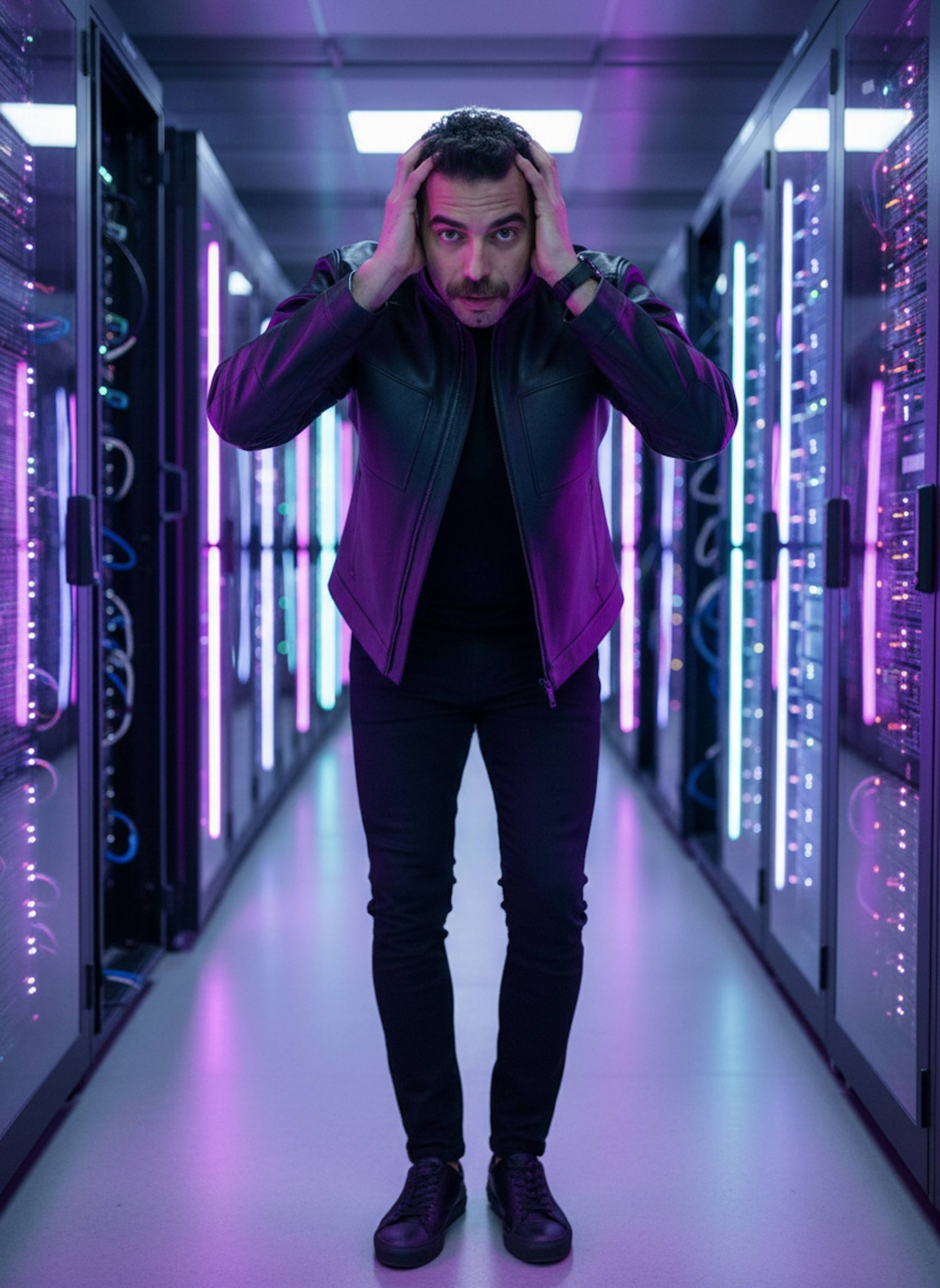 Person in black futuristic jacket standing among glowing server racks in an underground data center