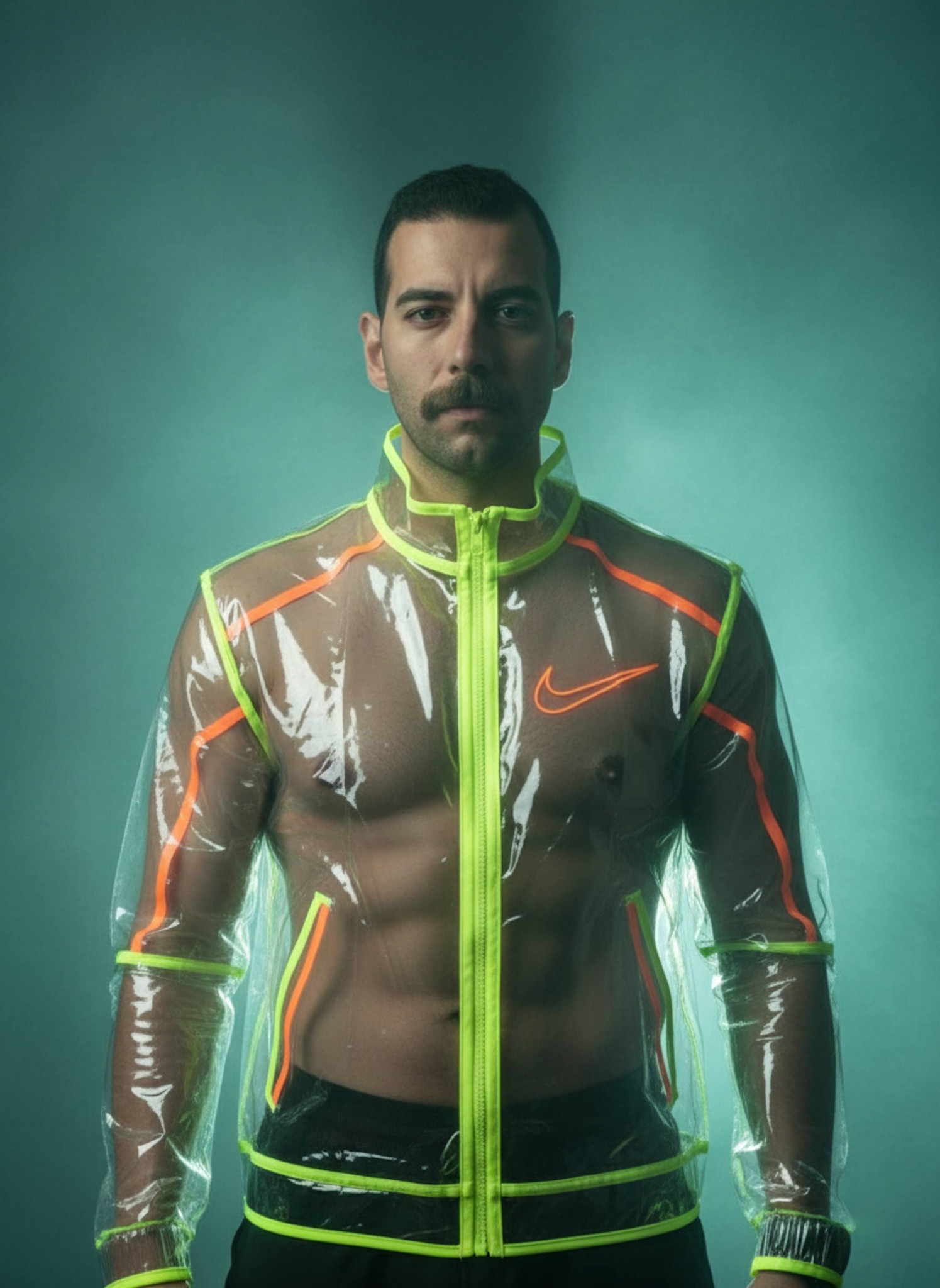 Person in transparent neon jacket with glowing yellow-green edges and orange accents front-facing