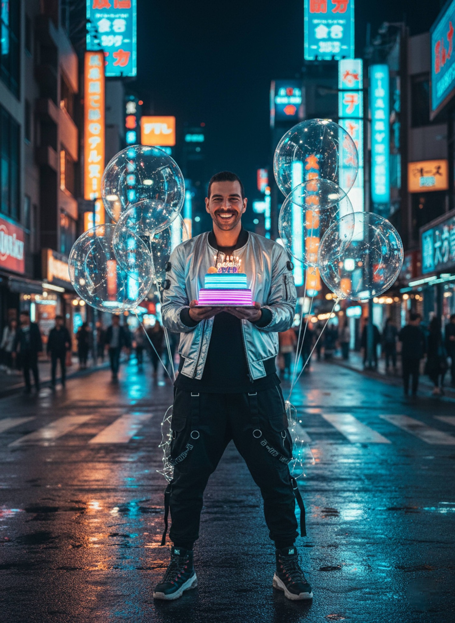 Person in silver bomber jacket holding a neon-lit cake on Tokyo Shinjuku street with LED balloons