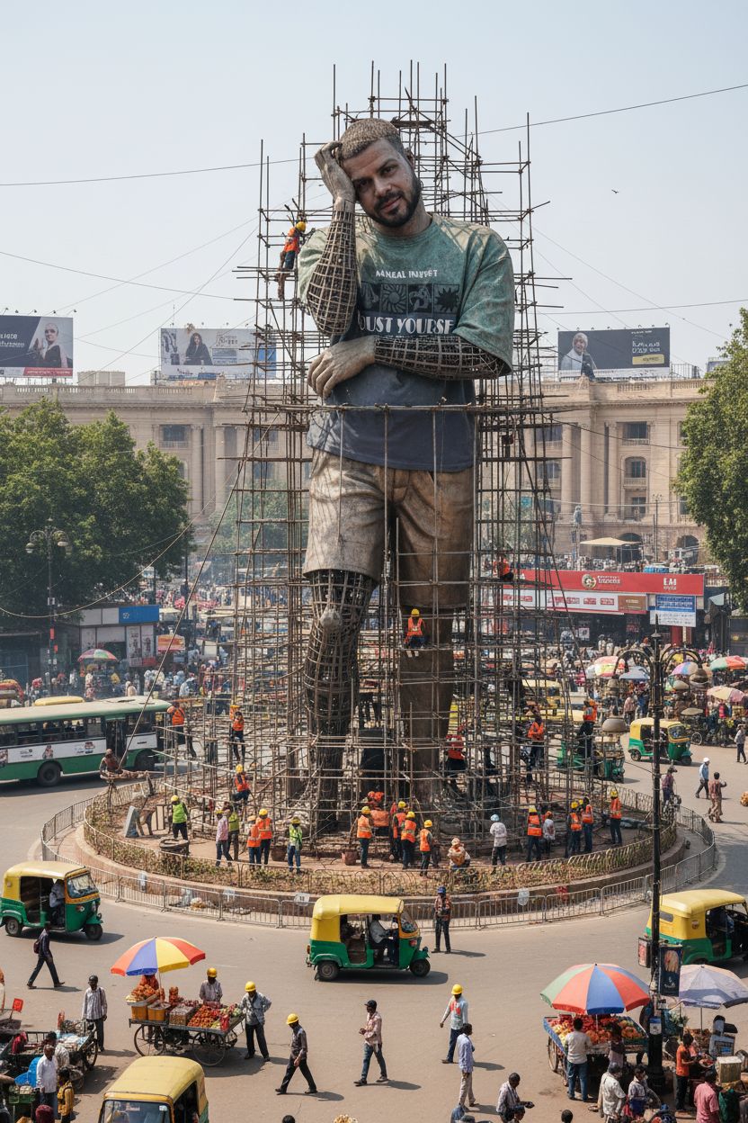 Giant hyper-realistic statue of a person under construction in a bustling Delhi roundabout with scaffolding, workers, and street vendors