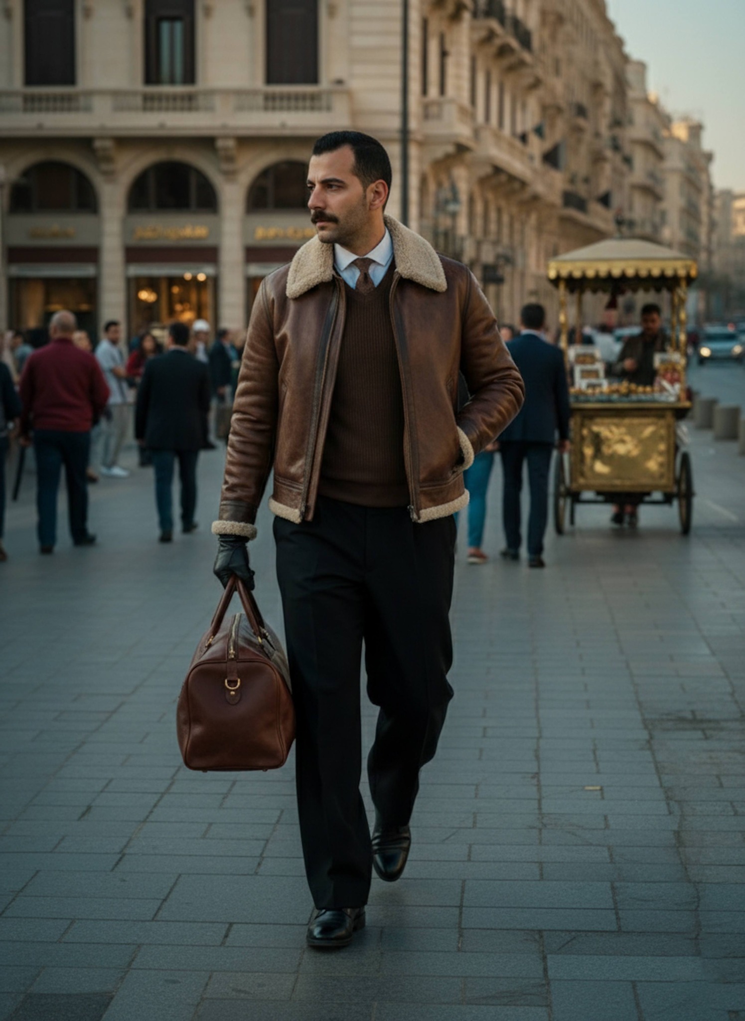 Person captured mid-stride on an upscale Alexandria street with urban architecture and cinematic walking motion