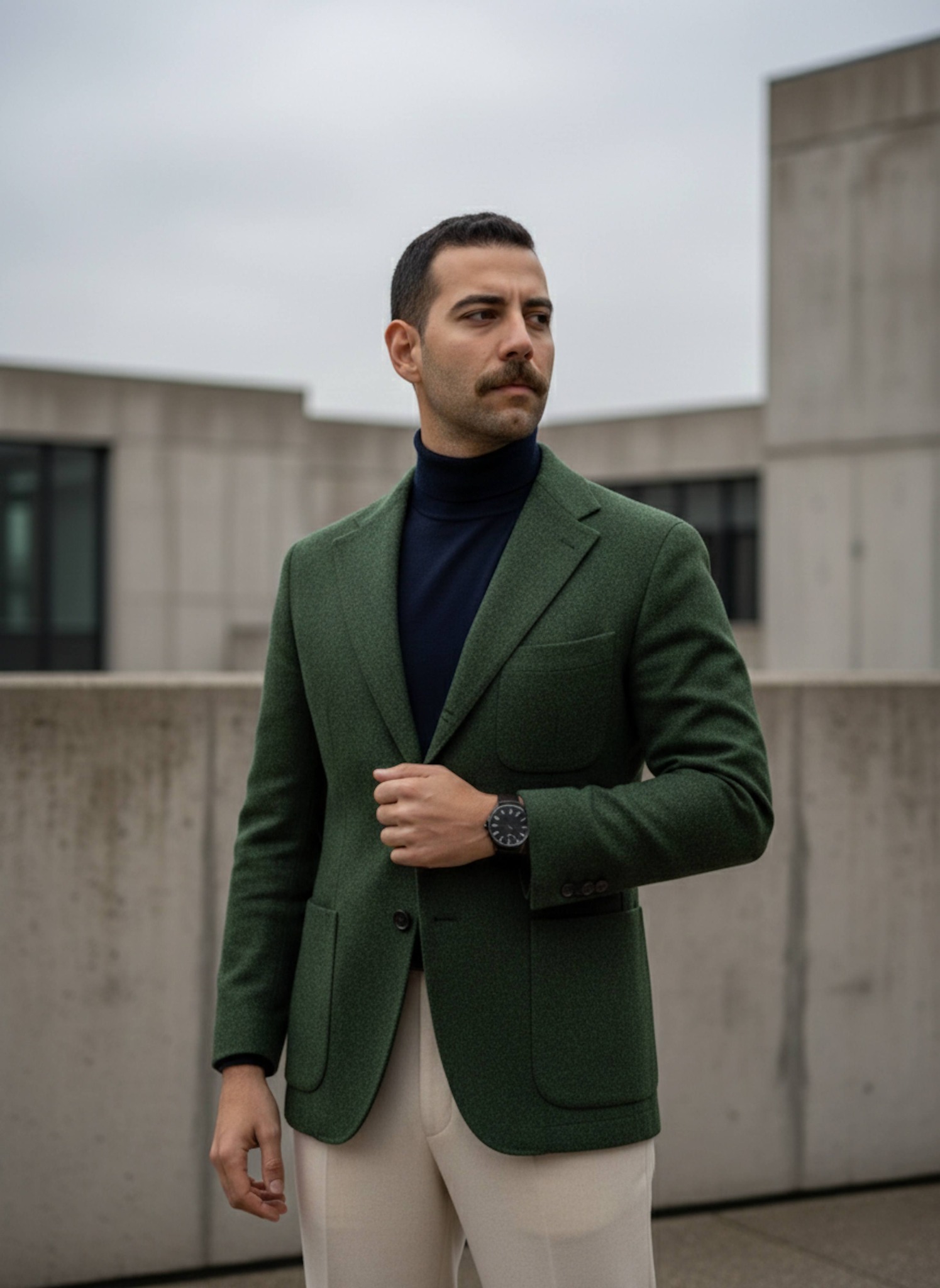 Person in forest green blazer standing among brutalist concrete structures in a Berlin museum