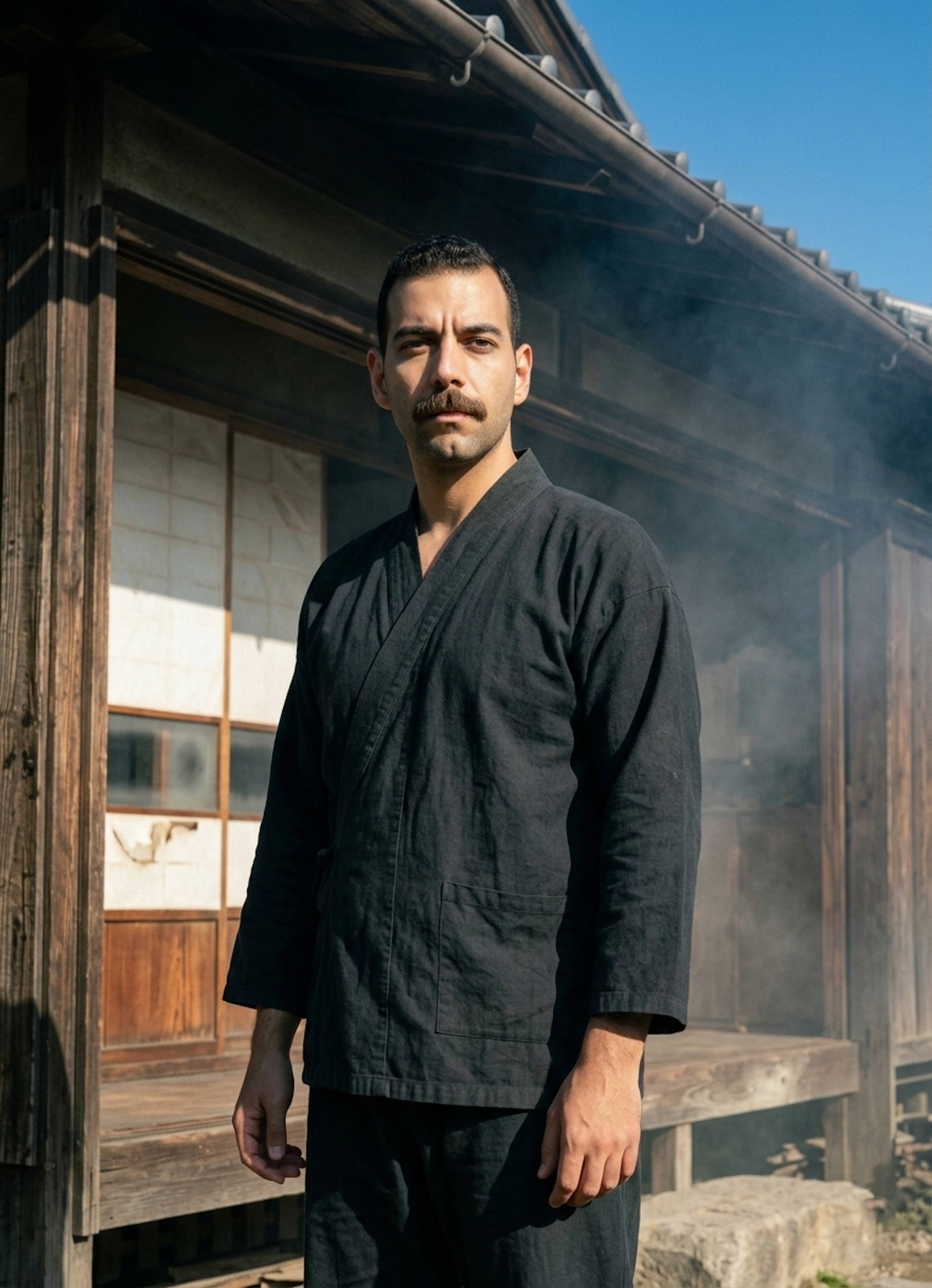 Person in wartime civilian attire standing outside a traditional wooden Japanese house in Hiroshima 1945