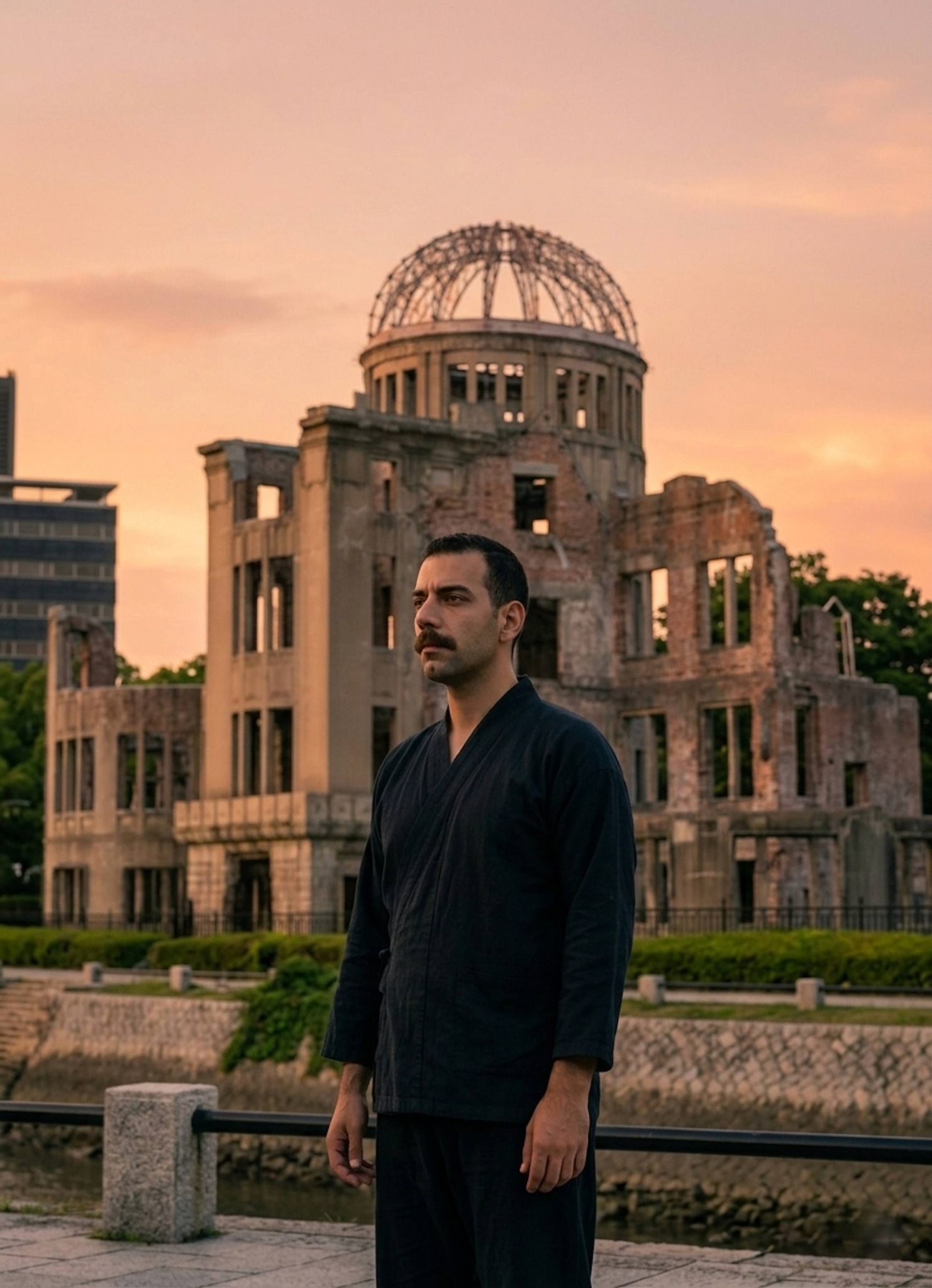 Person standing silently by the Hiroshima Atomic Bomb Dome ruins in a cinematic sunset wide shot