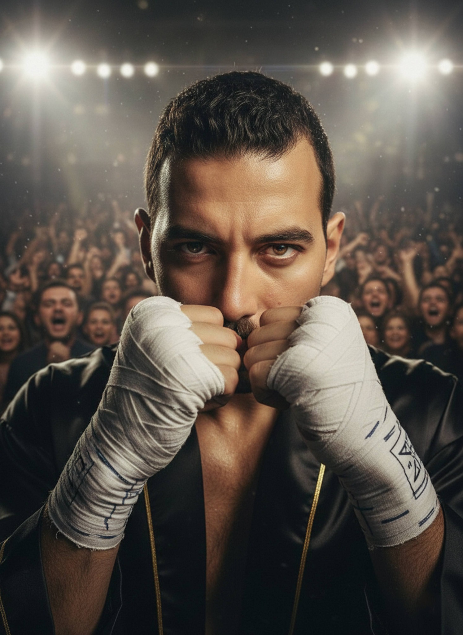 Boxer looking through heavily taped hands at an arena crowd with dramatic spotlight haze