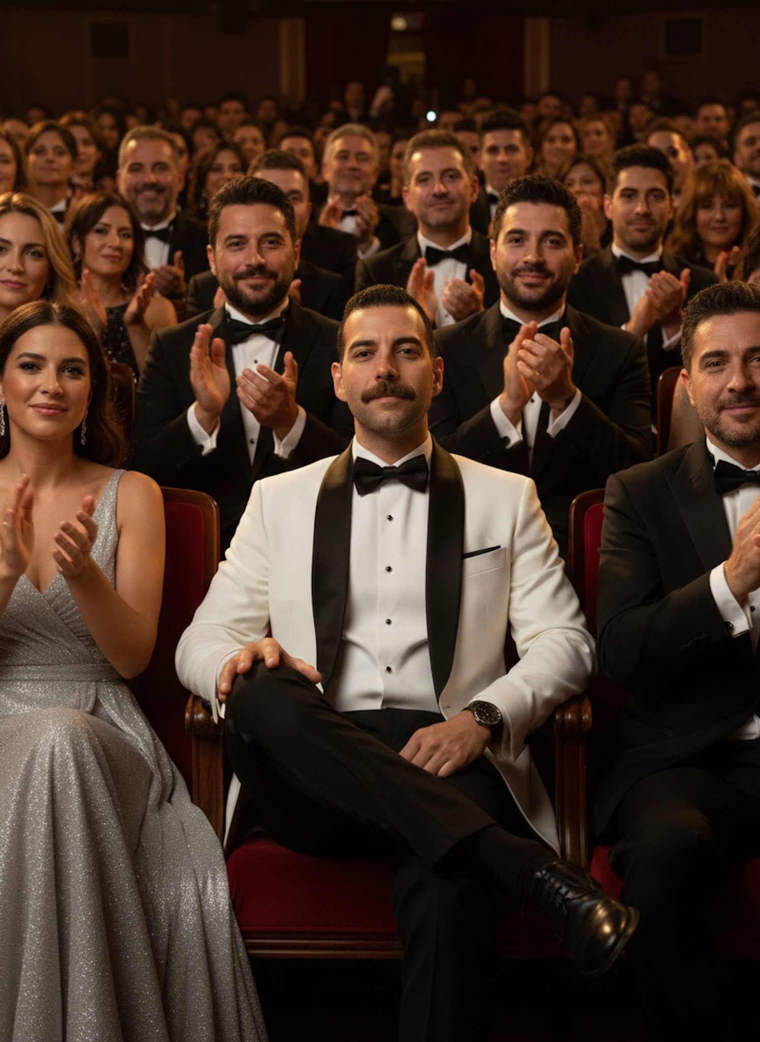 Person in white tuxedo with black satin lapel seated at a prestigious formal awards ceremony
