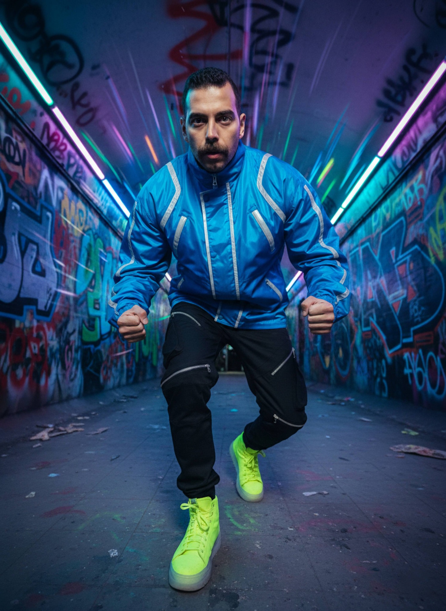 Person in electric-blue reflective jacket standing in an abandoned metro tunnel with neon graffiti