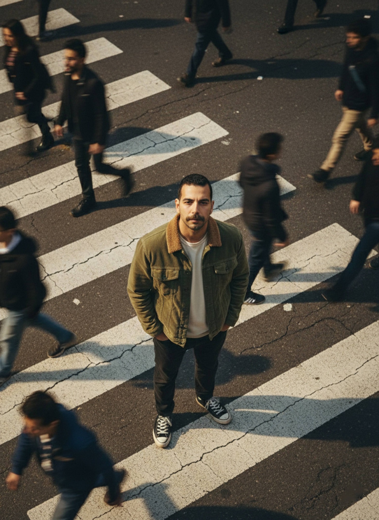 Sharp-focused person standing still on a crosswalk with motion-blurred city crowds from overhead