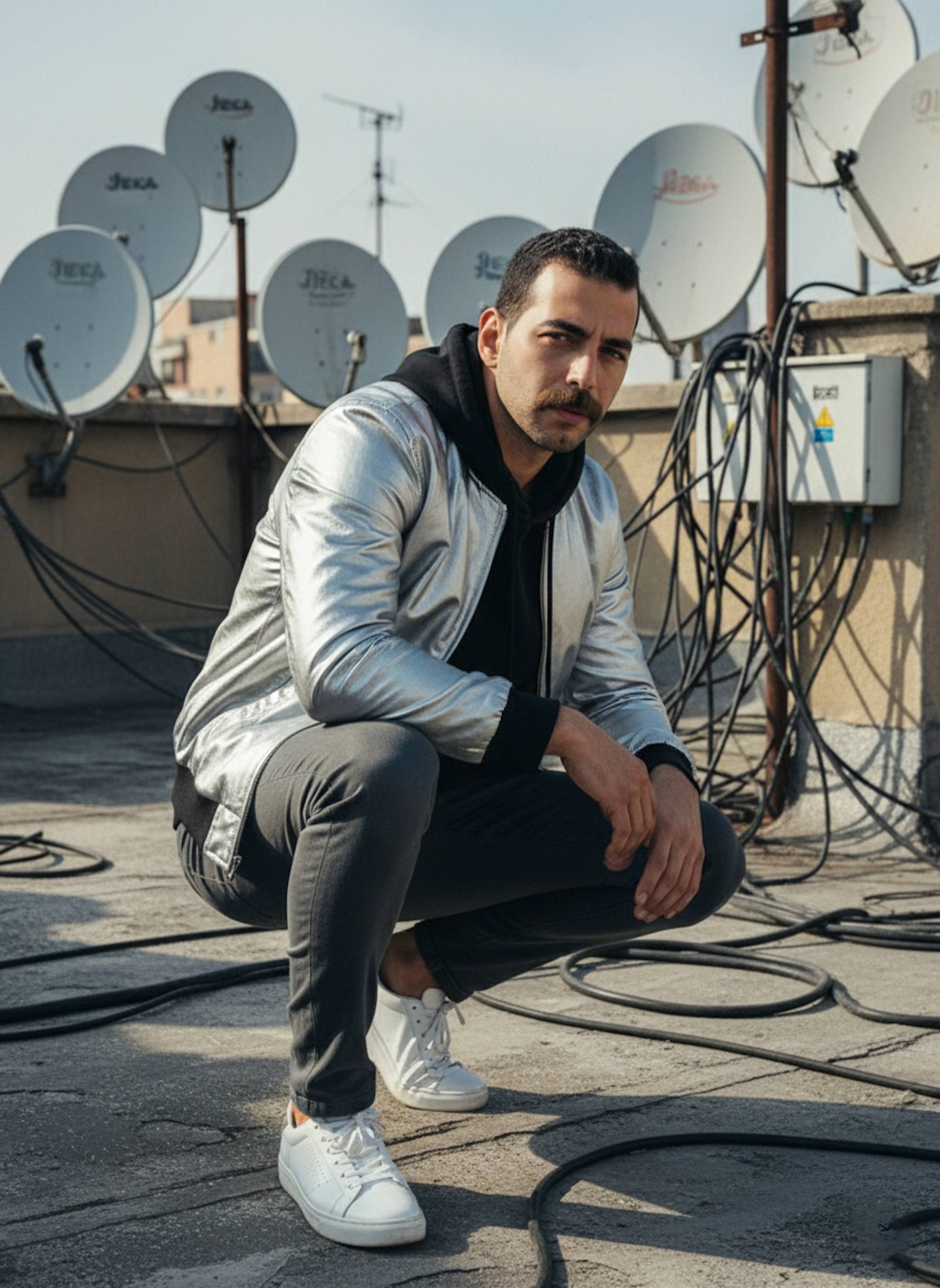 Person in silver bomber jacket on a rooftop surrounded by satellite dishes and tangled cables