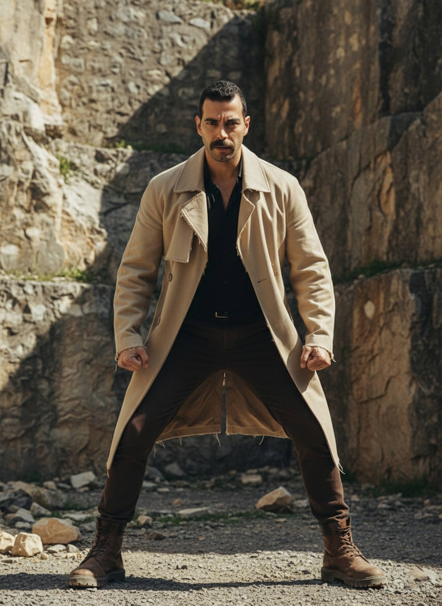 Person in sand-colored oversized coat standing in an abandoned stone quarry with massive rock walls