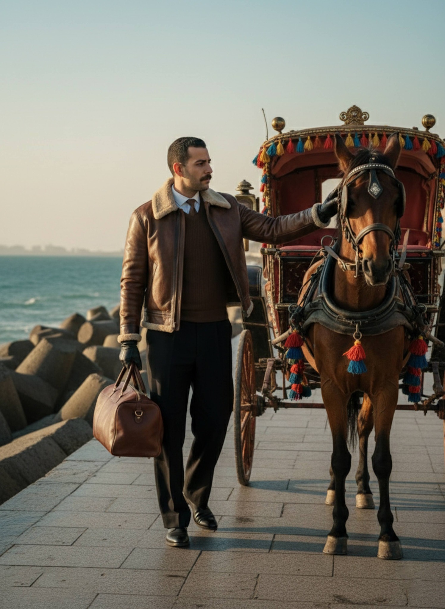 Person standing beside a horse-drawn carriage on the Alexandria Corniche patting the horse with Mediterranean sea behind