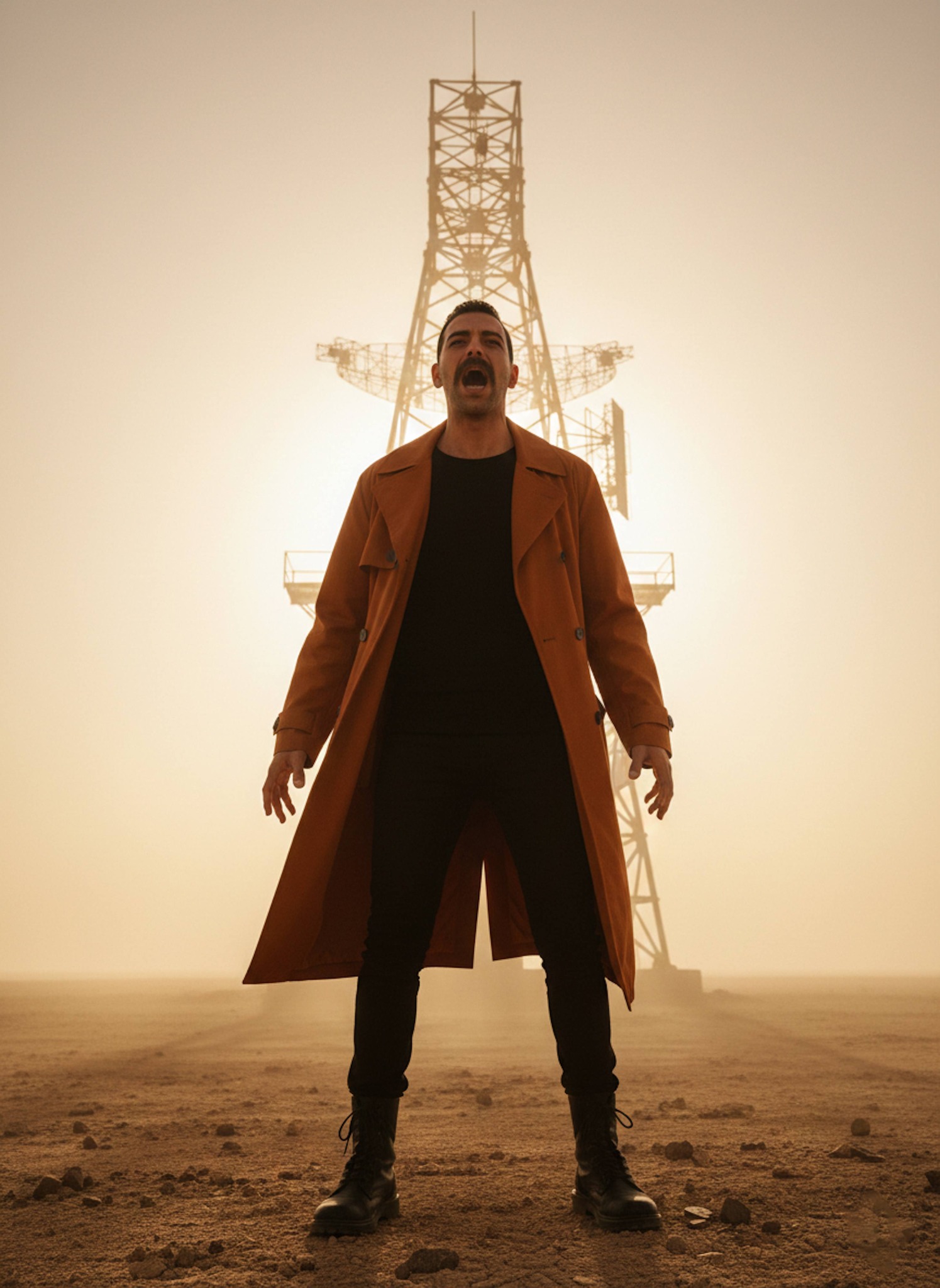 Person in burnt-orange coat standing at a remote desert radar tower silhouetted against sunset