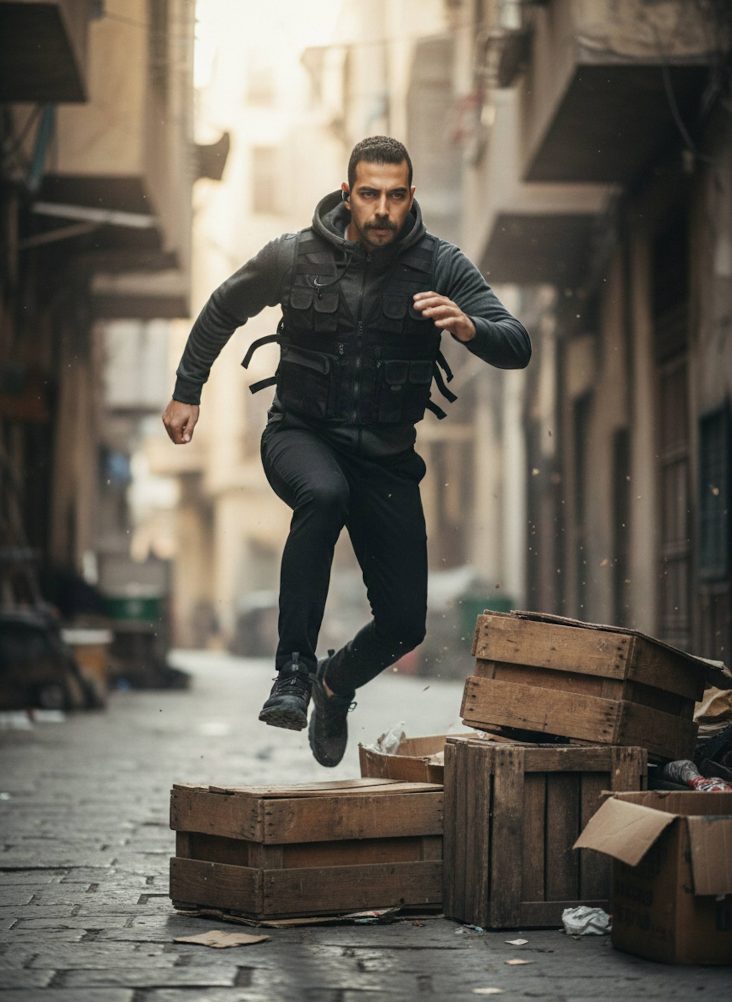 Tactical officer sprinting through cluttered urban back alleys jumping over crates in pursuit