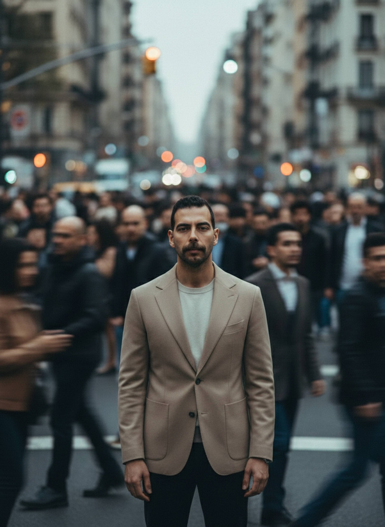 Confident person in beige blazer standing sharp and still as city crowd blurs around them