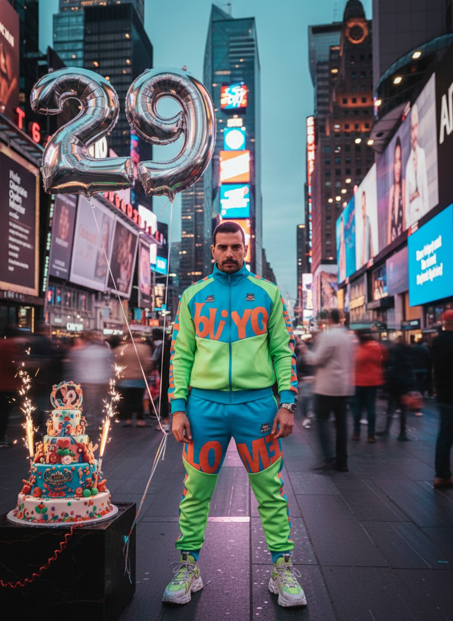 Person in designer tracksuit celebrating birthday in Times Square with balloons and motion-blurred crowds
