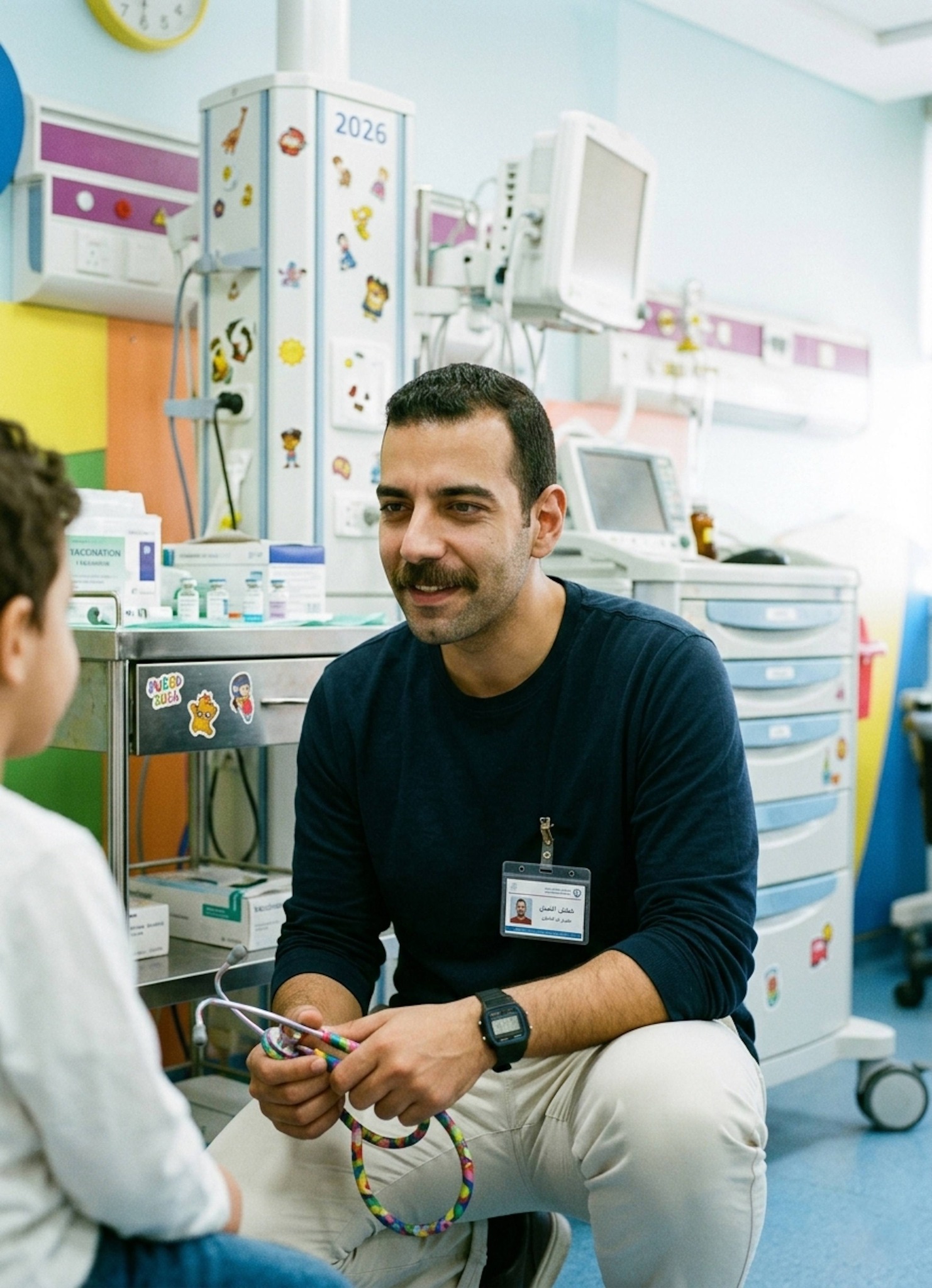 Nurse kneeling at eye level with a stethoscope in a colorful pediatric ward with sticker-decorated equipment