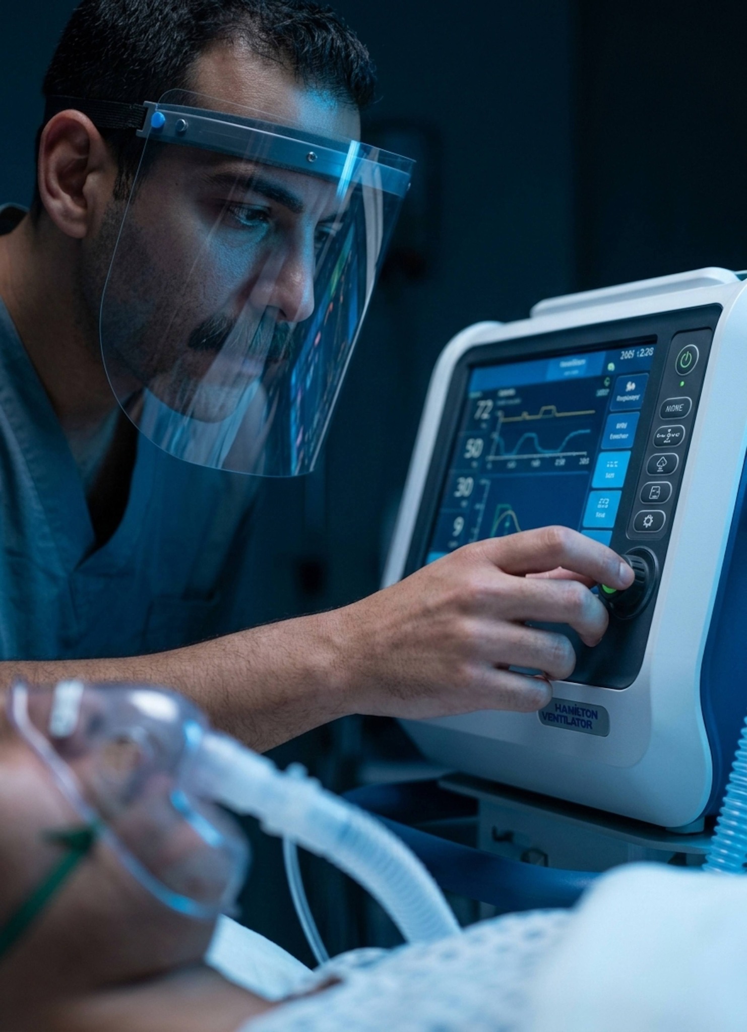 Nurse carefully adjusting a ventilator dial in a dark high-tech respiratory unit with glowing monitors