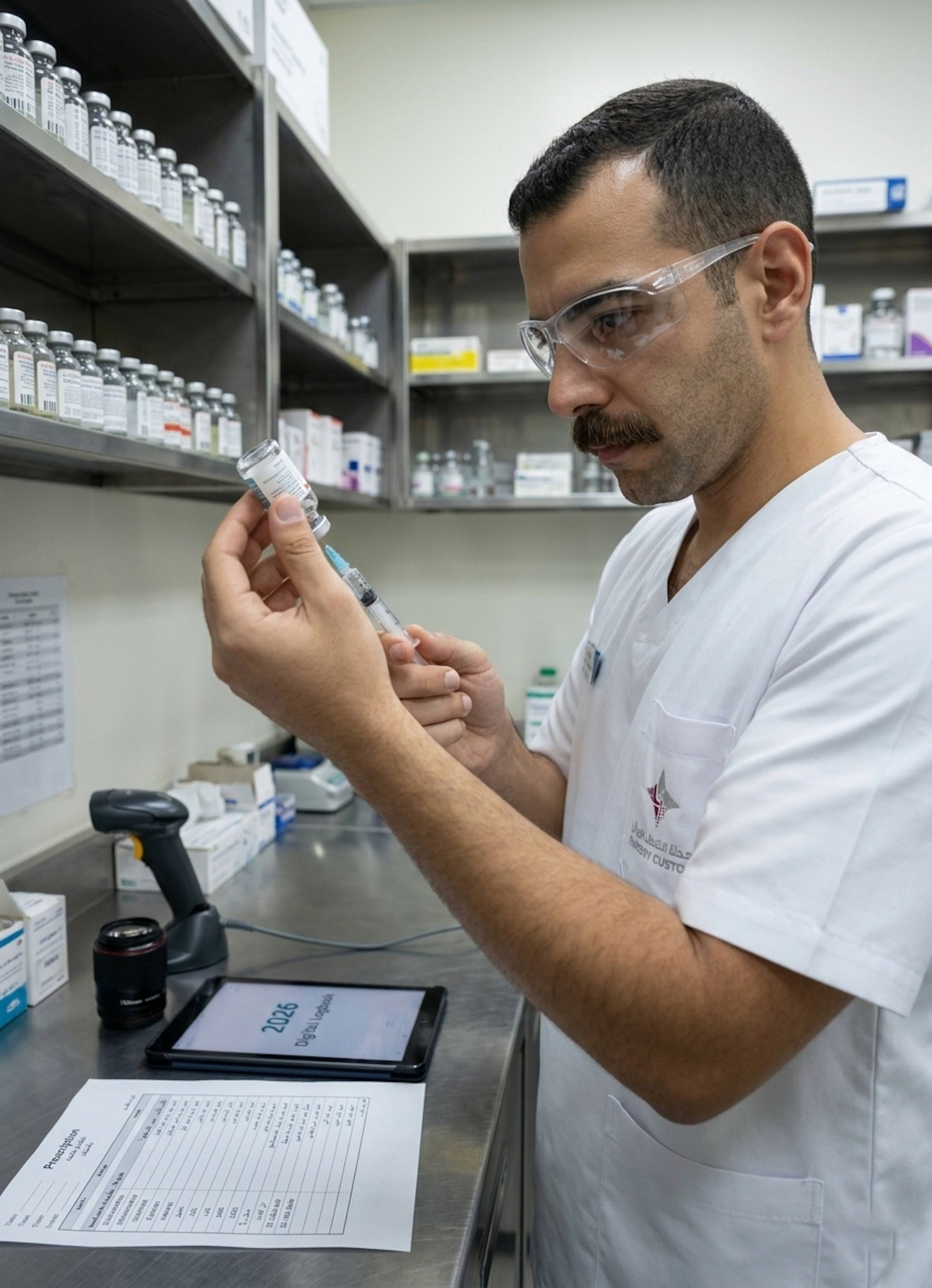 Nurse drawing liquid from a vial into a syringe at a stainless steel counter in a bright medication room