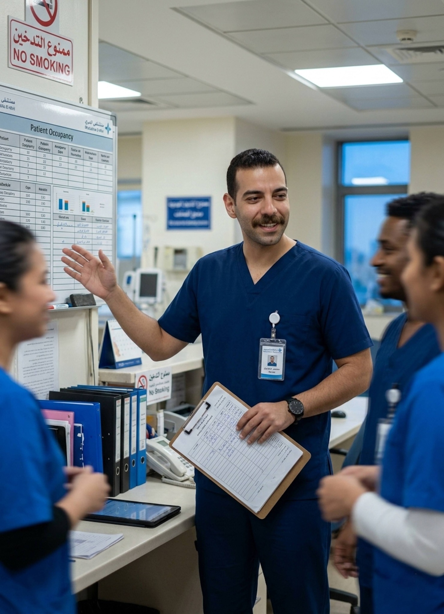 Nurse gesturing at a digital whiteboard during morning handover at a cluttered nursing station