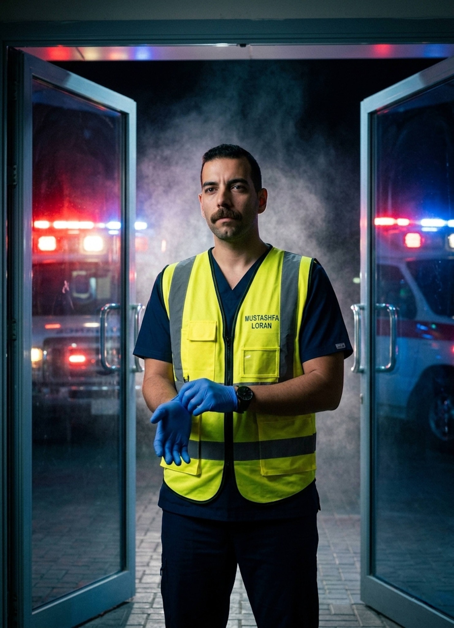 Nurse in yellow high-vis vest putting on gloves at an ambulance bay entrance at night