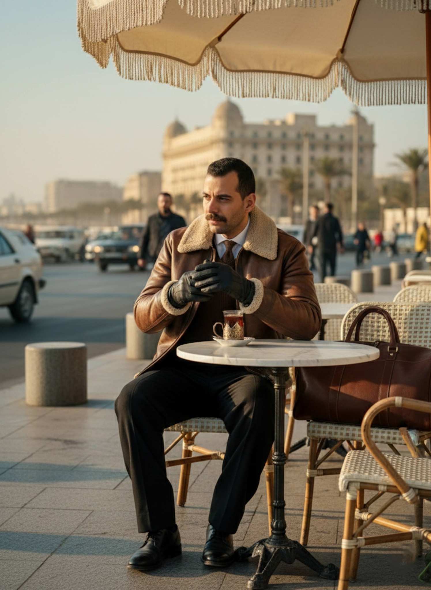 Person sitting at an outdoor cafe table on the Corniche with the Mediterranean Sea and warm coastal lighting behind